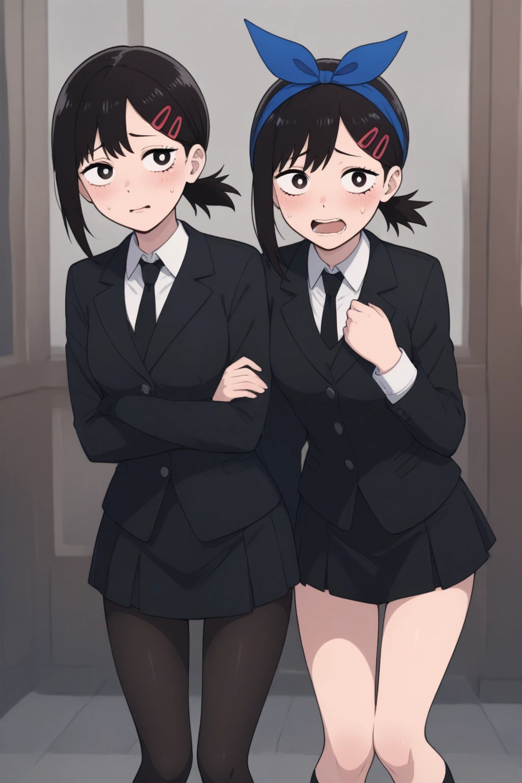 ((a girl in casual clothes)),((pink long sleeve blouse)) ,passing standing, black hair, black pants, looking at the viewer in a lascivious manner, blushing, and sweating a lot, panting, with one hand raised, white background, first person look, pov, from above, saliva,full body ,csm anime style,cum on the hand, cum on the palm of the hand