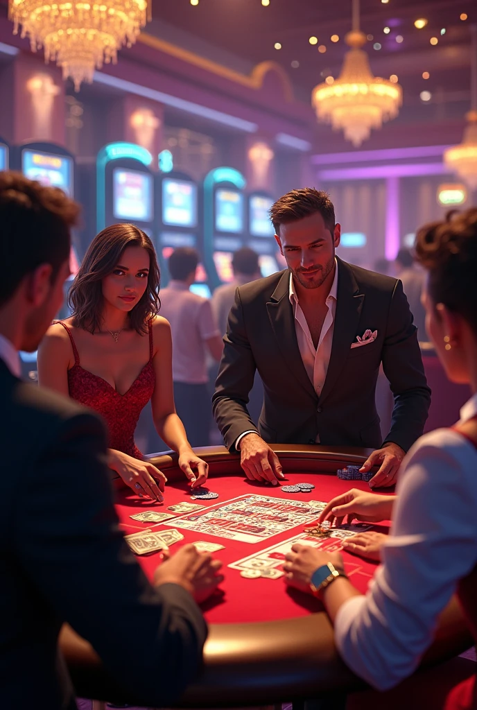 Woman and man playing in a football style themed casino