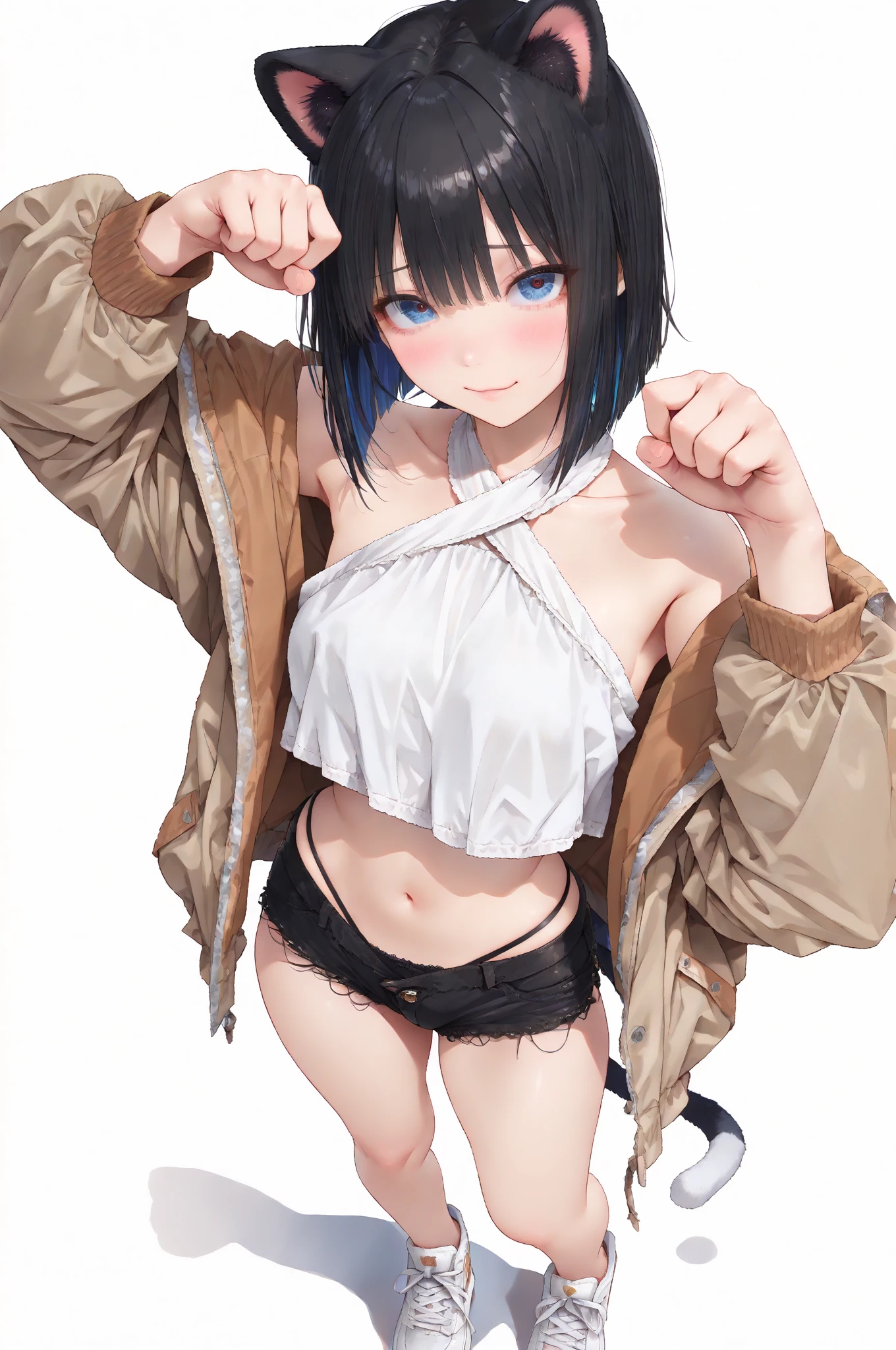 (8K、Highest image quality、best quality、masterpiece)、Detailed face、1 girl、12 years old,medium breasts,black hair、((single bun))、blunt bangs、gray eyes、earrings、smile showing teeth、The chest is moderate、white sweater、Off the shoulders、Strapless、long sleeve、belly button、Denim shorts、Cowboy shooting、fluid in ass、Fluid on the thighs、flowing liquid(Attractive ass:1.2),、exposed、disheveled、Clothing that fits snugly,exposed的胸部、(((Wet clothing))),tube top,(((ultra-thin clothing))),(Body model),((body outline)),(Stride),grinning, blush,Hyperactive expression,crotch friction,protuberance,