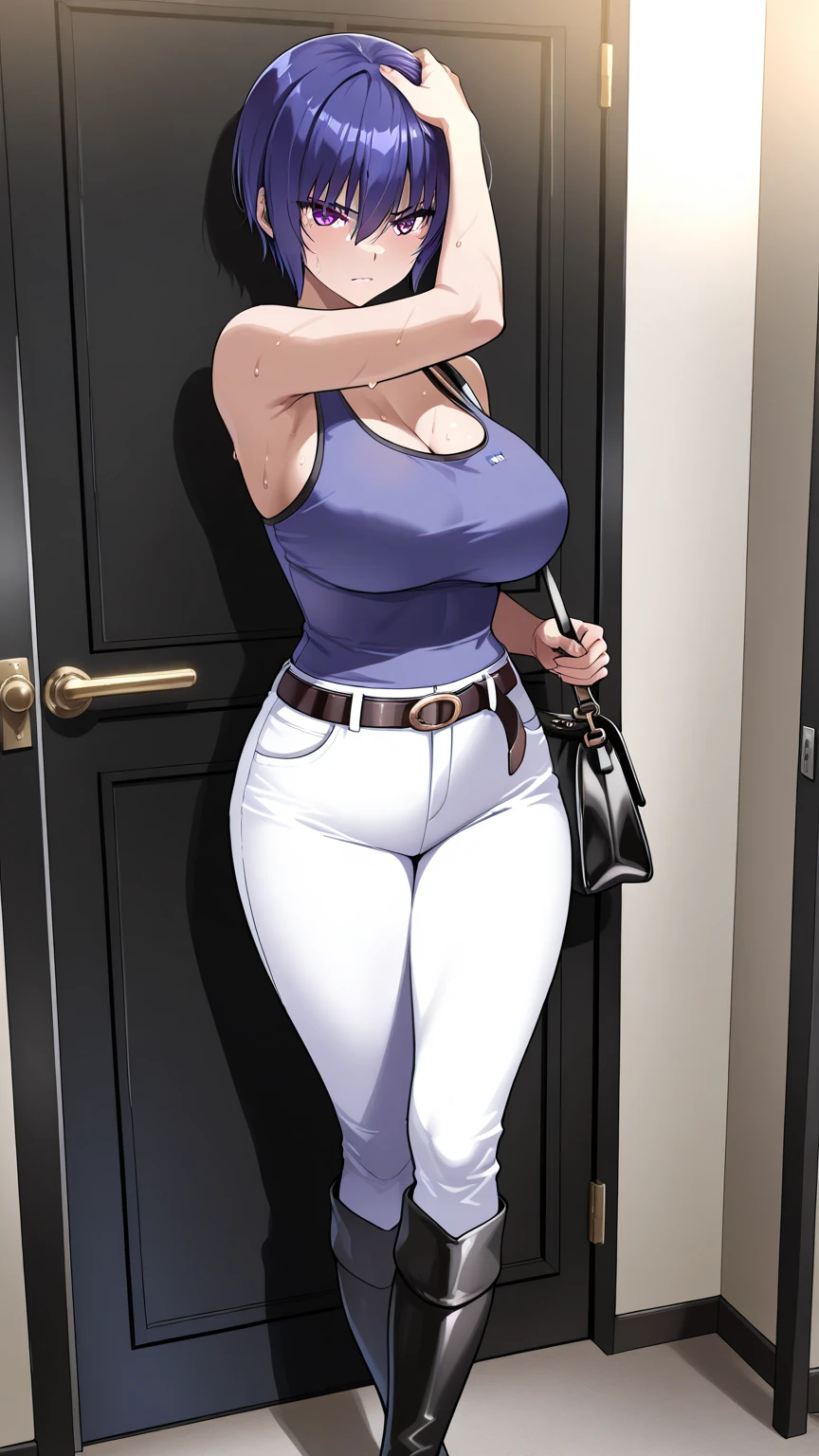 A tall woman, sexy, big breast, beautiful, happy, confident, affectionate, with short bright blue hair and orange eyes, wearing a white sleeveless button-down shirt, showing her navel and dark blue pants underneath, and wearing a red kitten heel.