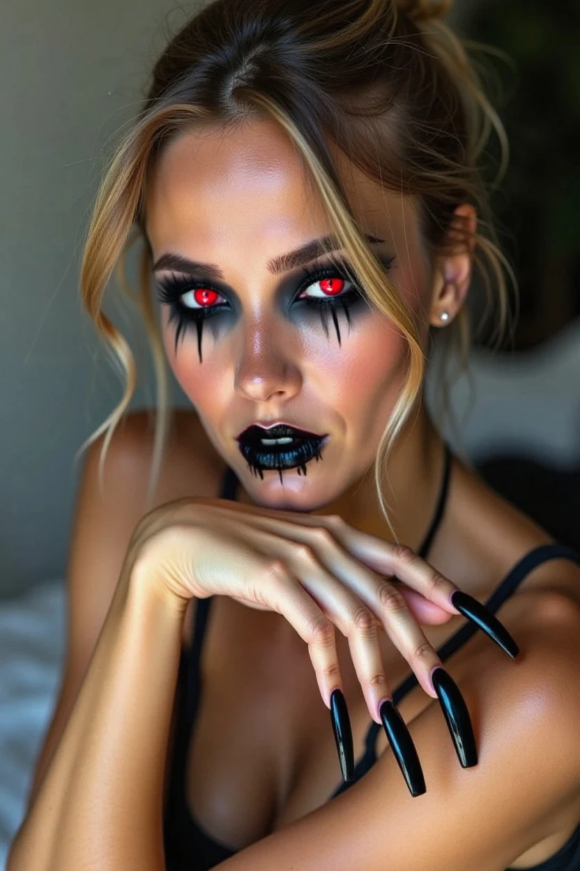 a portrait of vampire with a bloody tear coming down from the eye, an exotic beautiful female vampire, blond hair color, dynamic hair style, ultra detailed face, best detailed face, silver eye color, ((1single red teardrop, teardrop made of blood coming down from the eye: 1.3)), small cleavage, wearing two black diamond earrings, Ultra-high resolution, High Contrast, (masterpiece:1.5), highest quality, Best aesthetics), 16K fantasy art, best details, best quality, highres, (ultra wide angle: 1.2), 16k, [ultra detailed], masterpiece, best quality, (extremely detailed), ladyshadow, magical sky, crying style, vampire teeth, goth person