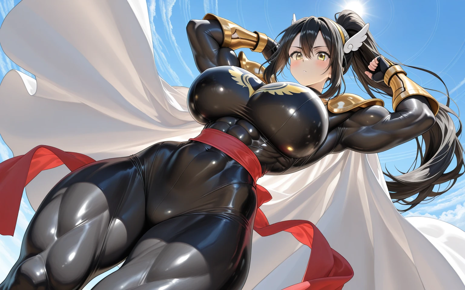 (Sweat:2.3)、(Ahoge)、((Ahogeがうつる))、(Thighs:1.9)、(slender)、A big smile、(Kneel)、Highest quality、8k、(Gravure idol)