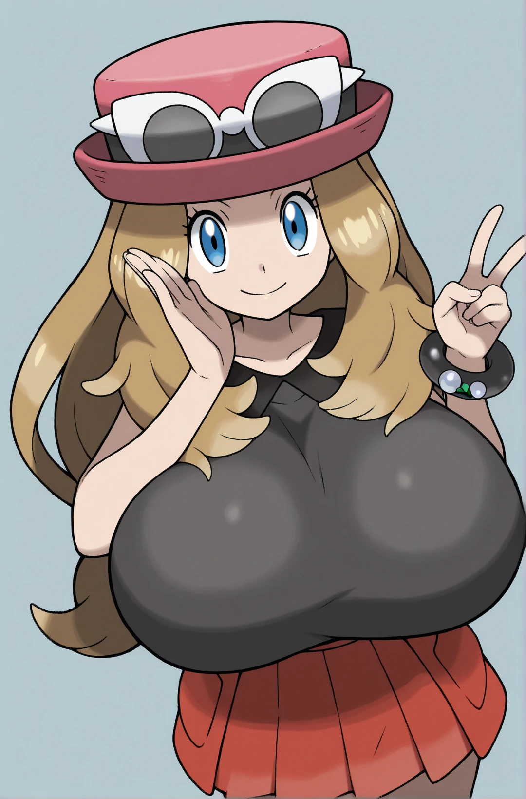 1girl, cynthia_(pokemon), breasts, blonde_hair, long_hair, pikachu, navel, hair_over_one_eye, hair_ornament, sweat, blush, pokemon_(creature), off_shoulder, open_mouth, shirt, plump, bare_shoulders, white_background, flying_sweatdrops, @_@, belly, large_breasts, collarbone, grey_eyes, crop_top, huge_breasts, midriff, cleavage, simple_background, upper_body, yellow_shirt