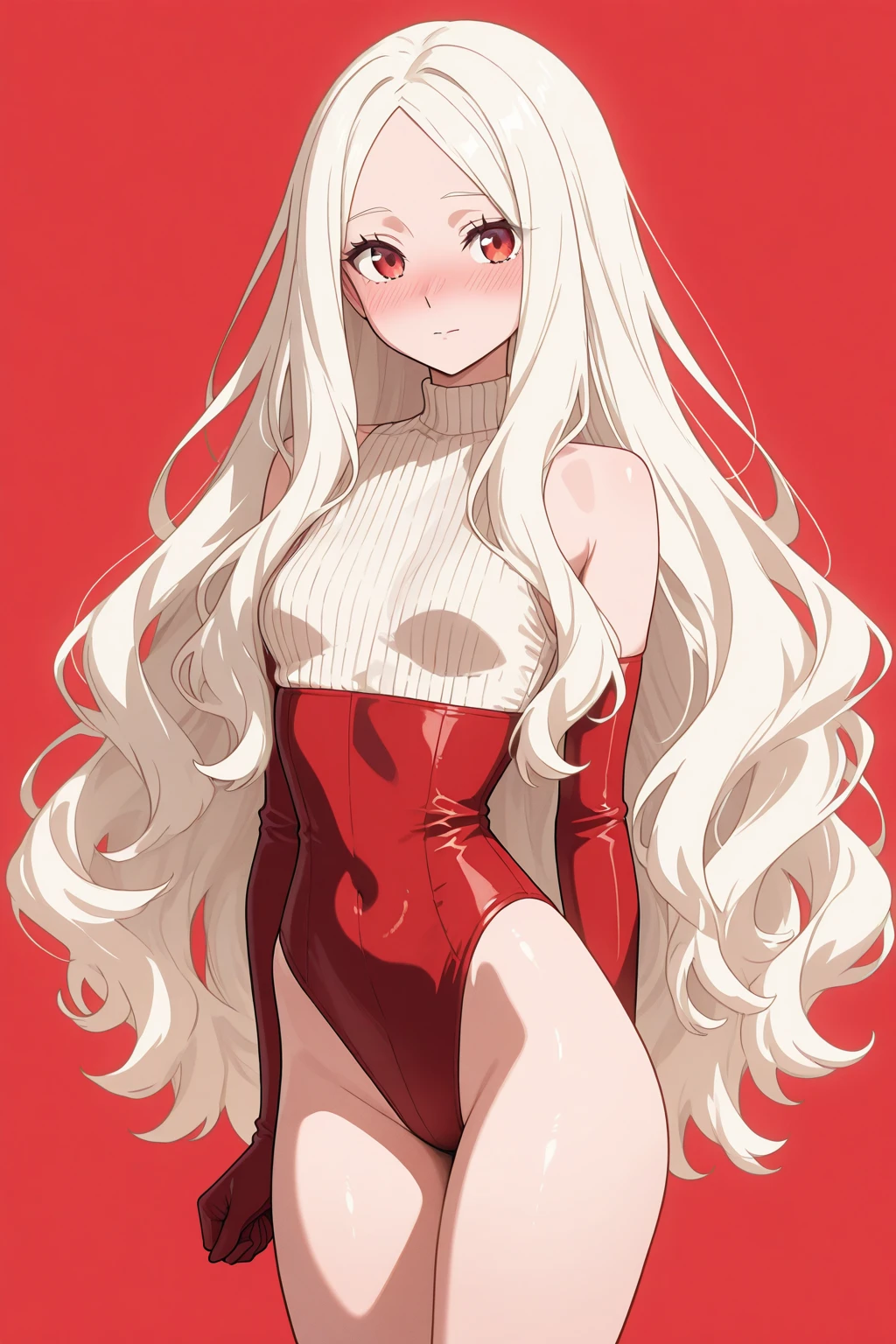 score_9, score_8_up, score_7_up, source_anime, (masterpiece), best quality, expressive eyes, perfect eyes, perfect face, oni girl, oni horns, red eyes, soft lips, long hair, veru long hair, wide hips, (white hair:1.4), (white eyebrows:1.3), (white eyelashes:1.3), medium breasts:0.5, higuchi madoka, big breasts:0.3, background: City, front view, red one-piece swimsuit, swimsuit, school swimsuit
