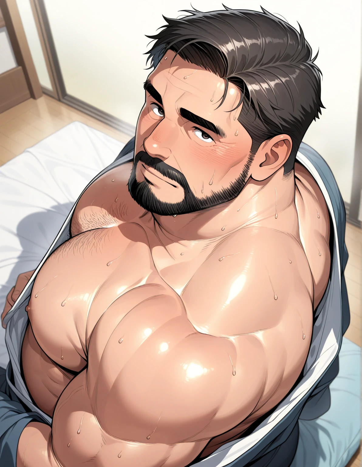 Highest quality, masterpiece, 8K, male, short black hair, bright color, bright picture, muscular, short beard, mature, tall, strong, abs, sweat, lying in bed, bulge, super short hair, pectoral muscles, plump, shirtless, white panties, leg raise