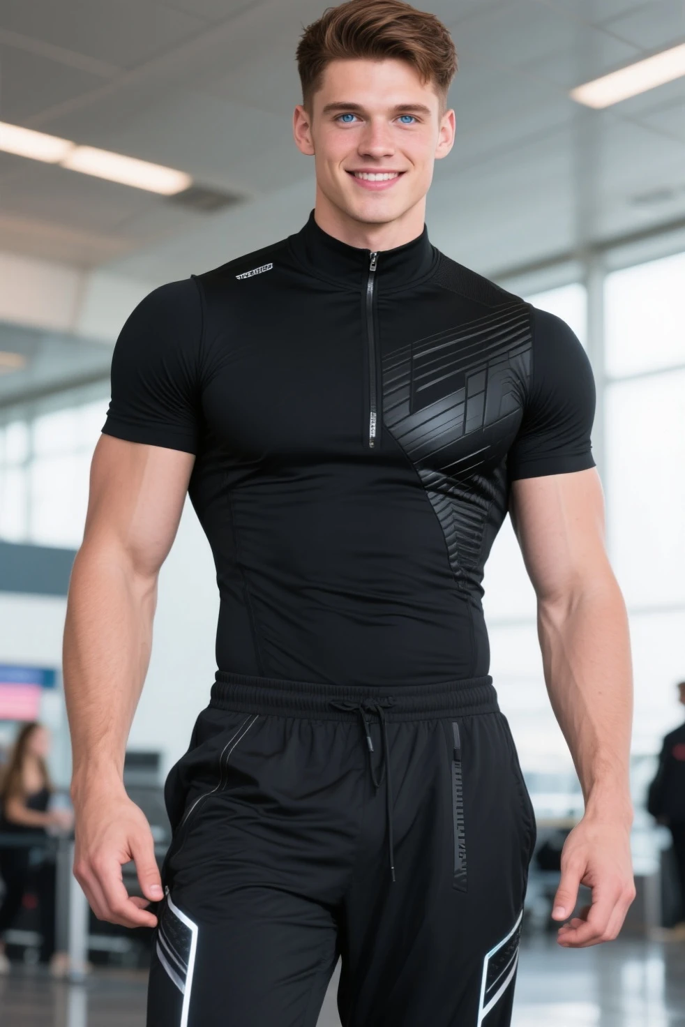 White man with blue eyes, with black hair, with a goatee, measuring 1,80, athletic body, wearing black bandages in a dark place surrounded by monsters