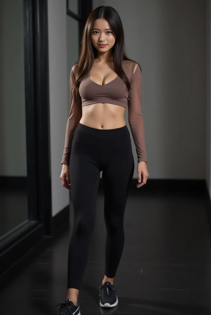 An ultra-realistic portrait of a young woman named anikaxl. She is standing and wearing black leggings that showcase her beautiful legs and shapely buttocks. She is also wearing a top that highlights her generous breasts and her spectacular, well-defined body. Anikaxl is looking confidently at the camera with a seductive expression. Her long, dark hair is styled in loose waves, enhancing her overall allure. The background is a minimalist, elegant setting with soft, natural lighting that accentuates her facial features, the contours of her body, and the details of her outfit.