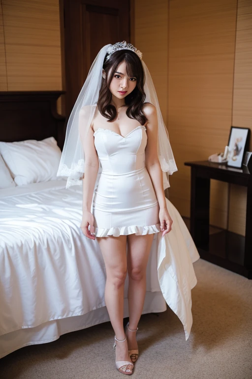 (Female: 1.2), (slim figure), (Smiling), (5 thumbs), (Big breasts: 1.2), (Dark brown hair color), (Brown eyes), (Mullet head tied), (White sexy wedding dress), (Ring finger diamond ring), (Mercury mid-heeled shoes), (Necklace), (Bracelet), Bridal Shop, Masterpiece, Realism, (Male: 1.2), (Black Hair), (Black Suit), Men and Women Look at Each Other