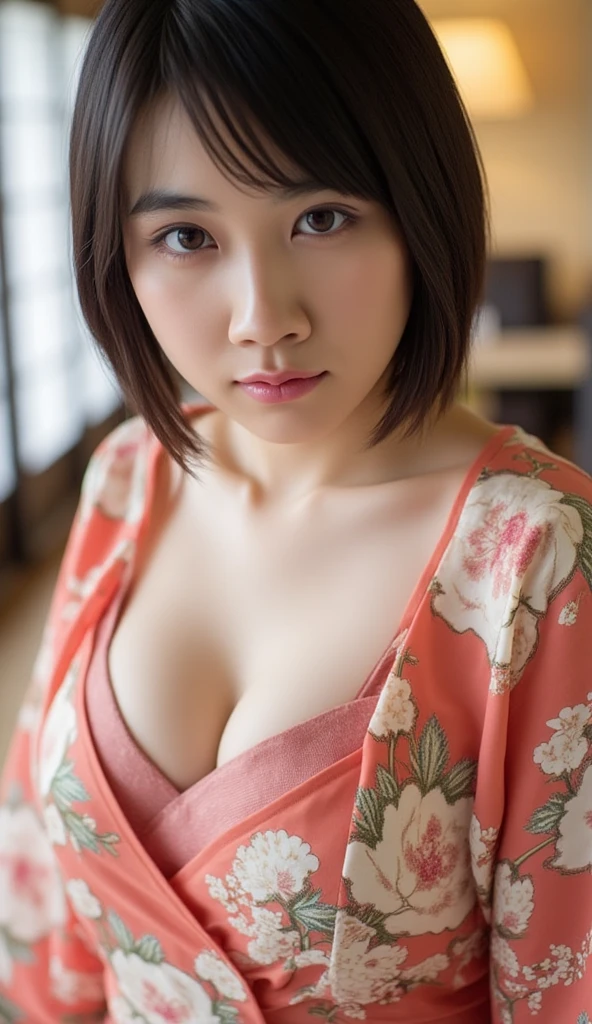 (Poses that accentuate the chest:1.5)、(Poses that accentuate the chest:1.5)、(Eyes closed:1.5)、(Expression of enduring pain:1.5)、(Sleeping in bed:1.5)、(Have a bad dream:1.5) ,masterpiece、Highest quality、High resolution、Tabletop、wallpaper、Realistic、Bright lighting、Professional Lighting、Face Light、Smooth lighting、Japanese women、Beautiful woman、、Modeled、gravure、sexly、so beautiful、Beautiful Skin、Beautiful and exquisite、Detailed face、slim、Large Breasts、Cleavage 、short hair、Brunette colored hair、Brown eyes、Japanese Kimono、Japanese Yukata、The costume is colorful、Bra is visible,