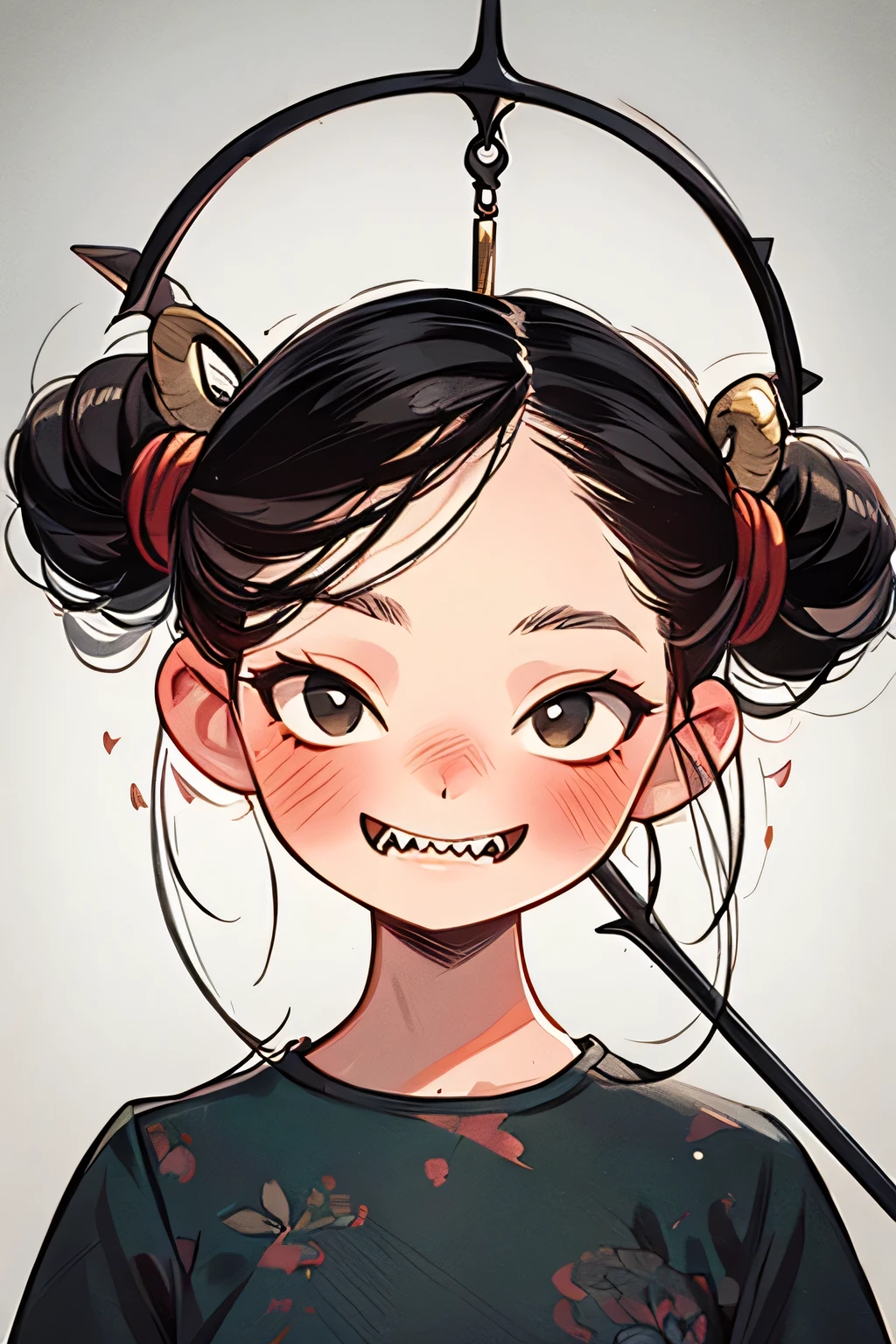 a friendly, misty forest under a glowing full moon,a little devil,detailed portrait,horns,red skin,sharp teeth,mischievous expression,holding a trident,4K,ultra-detailed,photorealistic,professional rendering,atmospheric lighting,mystical ambiance,dark fantasy style,digital painting