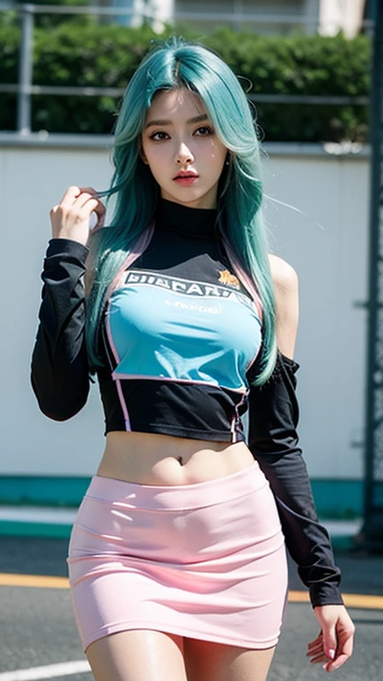 pink hair, ((black long sleeved sweater)), dark blue jeans, iron belt, sneakers, ((midriff, navel, upper body)), high quality, best quality, high details, masterpiece, 2k, 4k, snowy mountains, standing, excited face, looking at viewer,