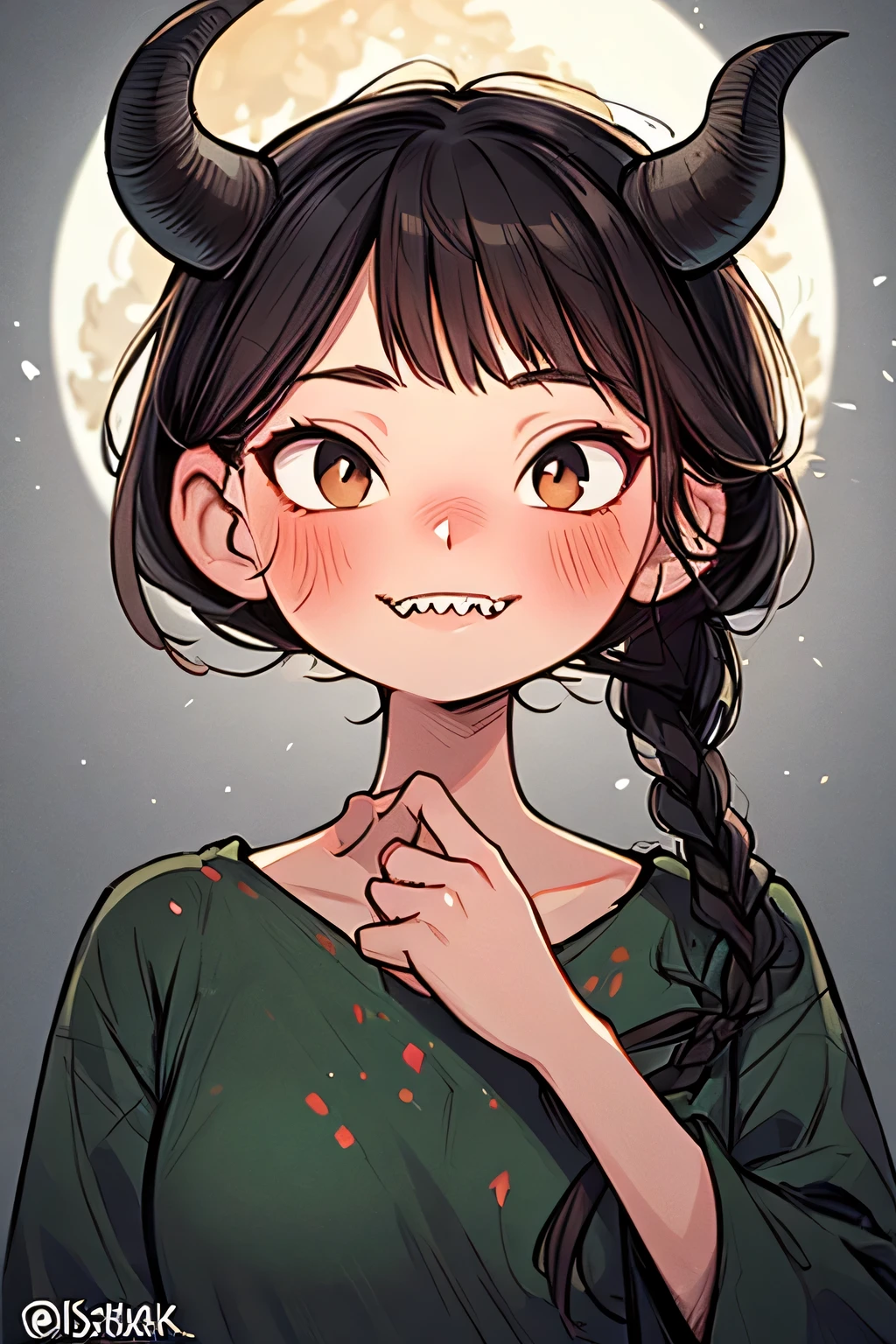 a friendly, misty forest under a glowing full moon,a little devil,detailed portrait,horns,red skin,sharp teeth,mischievous expression,holding a trident,4K,ultra-detailed,photorealistic,professional rendering,atmospheric lighting,mystical ambiance,dark fantasy style,digital painting