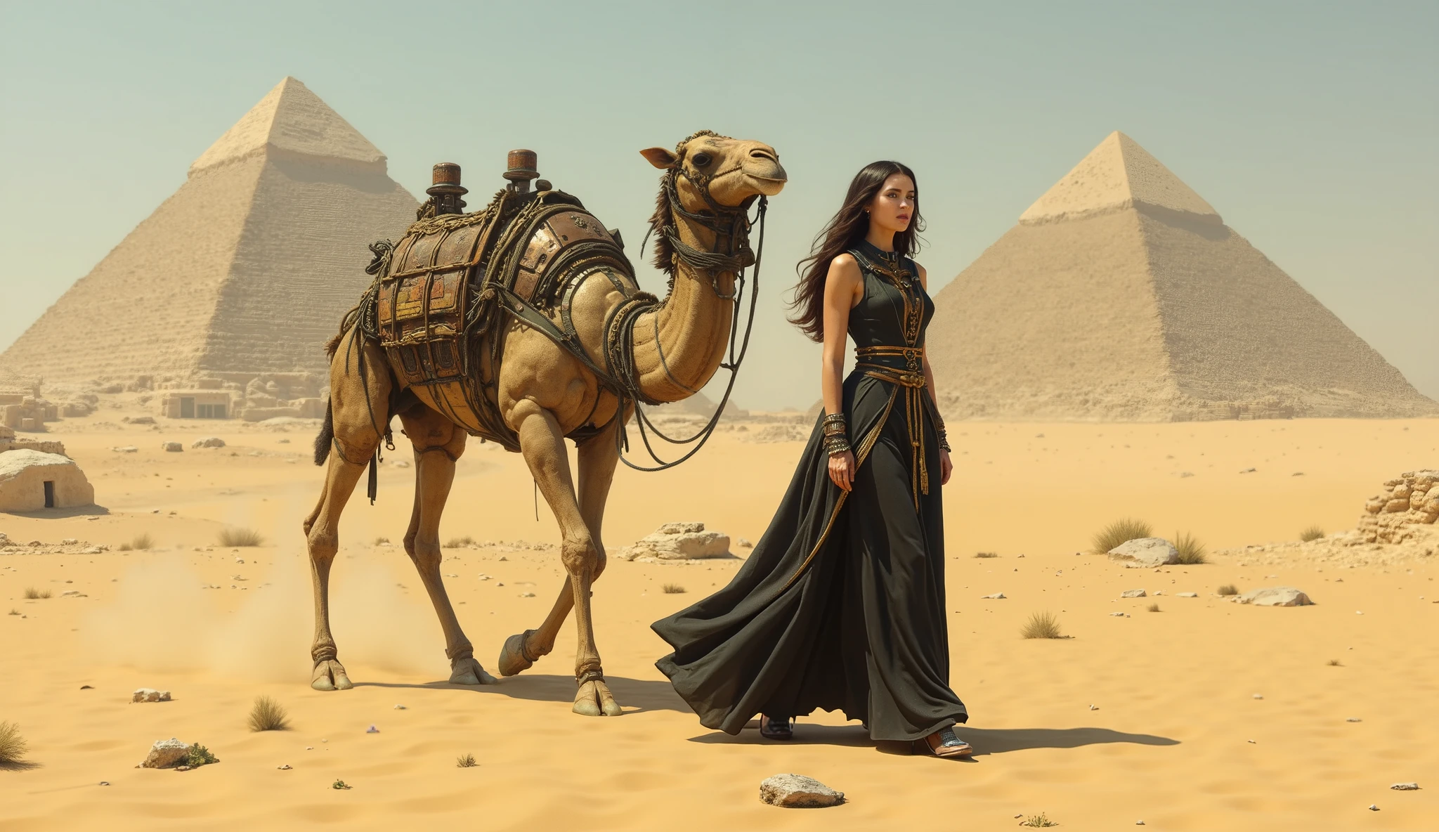 closeup full body standing, walking in the desert beautiful Egyptian goddess brunette young woman with blue eyes majestic black and gold, pyramids in the background, next to her her mechanical robotic rusty camel, German impressionism, Style: victoria frances, Mary Barker,Arthur Rackham,Brian Froud,Rebecca Guay, beksinski, photo vogue, h.r. giger, edward hooper, lucian freud
