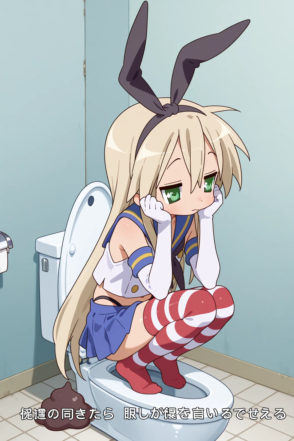 best quality, alice in wonderland, petite girl, cat ears, lemon yellow hair, long hair, extra-long sideburns, two side up, squatting, girl pee in the toilet, peeing, peeing self, linear pee, looking down, lolita fashion, sailor collar, sleeveless, [closed eyes: (empty eyes:1.3):11], (blush:1.5), (tears:0.6), full body shot, from below