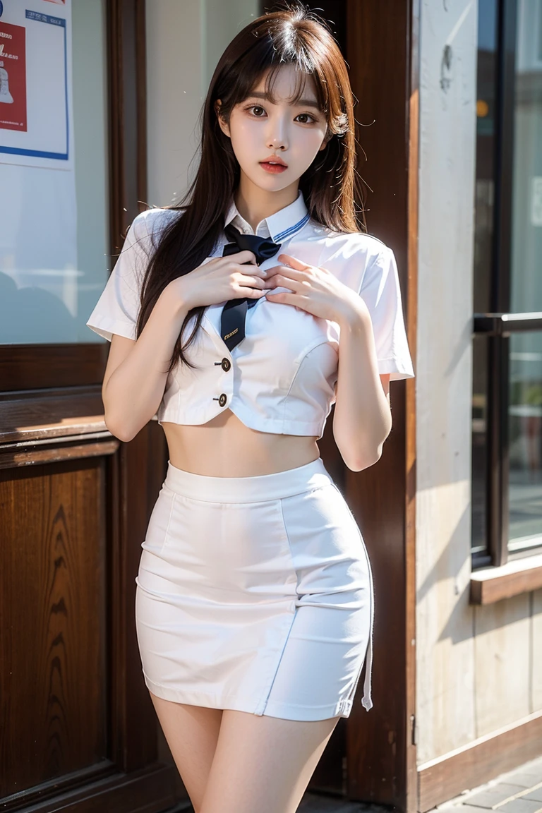 Highest quality，Ultra HD，(((whole body,Includes legs)))、(((The perfect uniform of a Japanese stewardess, Red striped tie, Best Dressed Uniform、Tekast, white formal short gloves,(黒のHigh heels), ((Mini microphone in hand)),Japan CA，jA small smile,白いTight blouse)))、((Navy bowler hat 1.4)), White gloves, High heels、(Photo realistic:1.4)、(Surreal:1.4)、(Realistic:1.3)、 (Gentle lighting: 1.05)、32K、 One woman、35-year-old woman、Photorealistic Lighting、Backlight、Facial Light、Ray-tracing、(bright:1.2)、(Improvement of quality:1.4)、 (Highest qualityのリアルテクスチャスキン)、Beautiful Eyes,Delicate and elegant features, Chest close-up, White blouse,Tight blouse,tight Best Dressed Uniform, (Improve your body line mood:1.1),((Glowing Skin 1.4))、((Wavy blonde hair 1.5)),Korean Idol、Idol Pose、A small smile,blush,Beautiful actress、A proper woman,whole body, (((Good sized breasts,Beautiful breasts))),(Perfect teeth alignment),narrow waist and hips,Beautiful long legs,Full Shot)、((8 heads))、(((Tempting、Embarrassing))),(eye shadow),((Red cheeks、Red lips)),Super beautiful night view、at night,A small smile,(((Full Shot)))、(((Airport terminal background 1.5))),