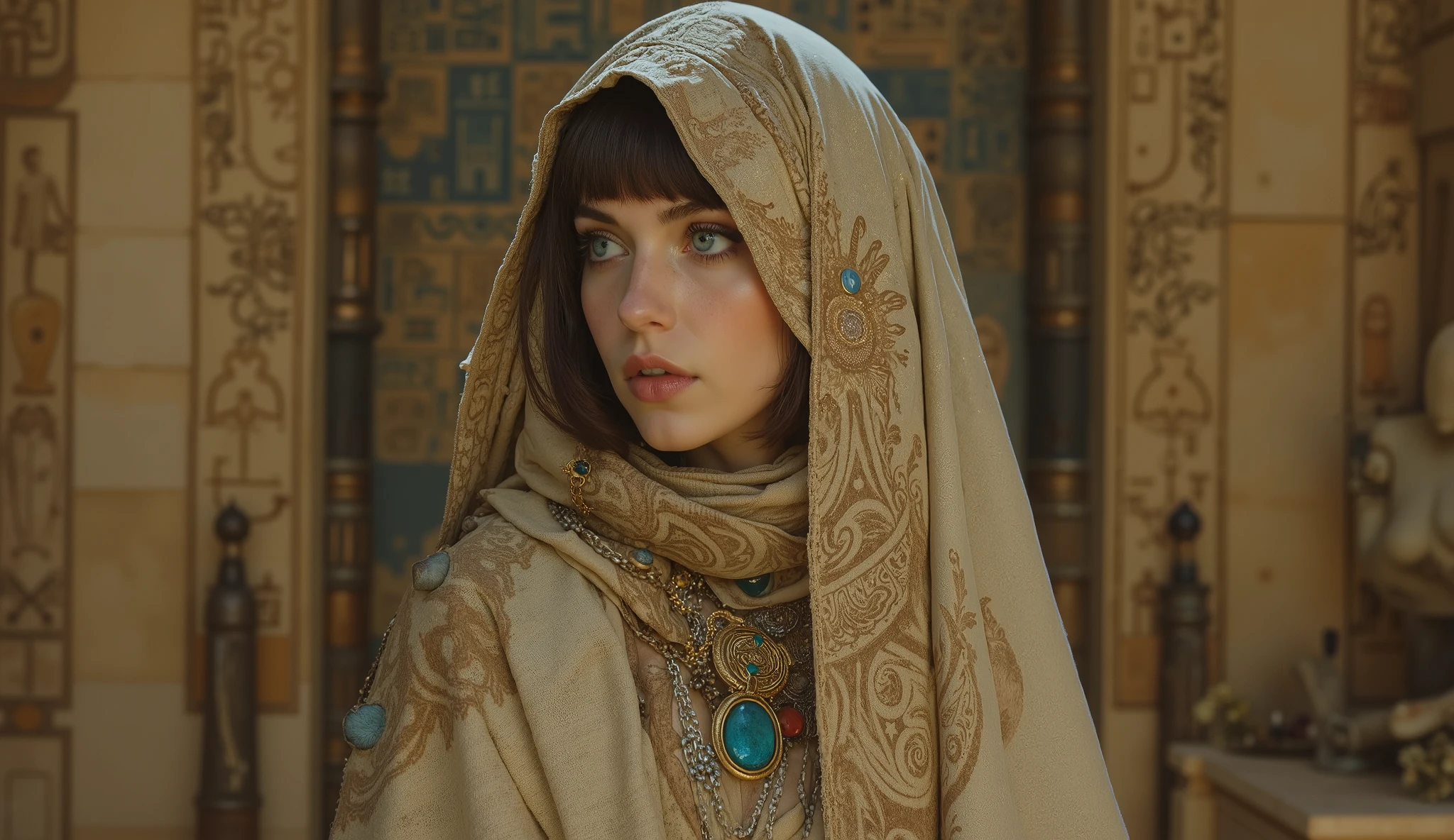 Egyptian beautiful brunette young woman, blue eyes, wrapped in dirty beige gauze inside an ancient Egyptian temple with a gan sculpture of the god thot, German impressionism, Style: victoria frances, Mary Barker,Arthur Rackham,Brian Froud,Rebecca Guay, beksinski, photo vogue, h.r. giger