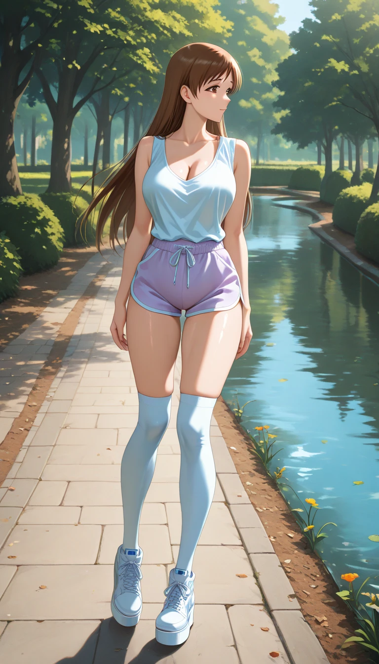 Sunset reflection a park The fountain、full of sweat、Light Blue Fitness Wear Use English characters、Floral pattern White leggings、White ankle socks、Navel Ejection belly button piercing、 black Longhair Hair Retention Pin、wrist watch、Colossal tits Whip whip、sapphire earrings、facing back、Shy face