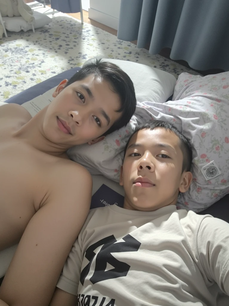 A young man, passion sensuality, big cock, nude, long dick, deep kissing, sensual embrace, full naked bodies, realistic, lying down at bed
