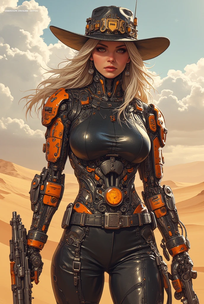 a female character with hair and clothing wearing a yellow suit, 1 girl, alone, long hair, breasts, looking at viewer, lips parted, skirt, yellow eyes, gloves, bare shoulders, bangs, white gloves, medium breasts, sleeveless , photo of cowboy, sun, post-apocalyptic desert world (best quality, masterpiece, ultra detailed illustration), (8K wallpaper), (beautiful detailed eyes), beautiful, amazing and detailed eyes, (detailed skin) inspired art in Bill Sienkiewicz