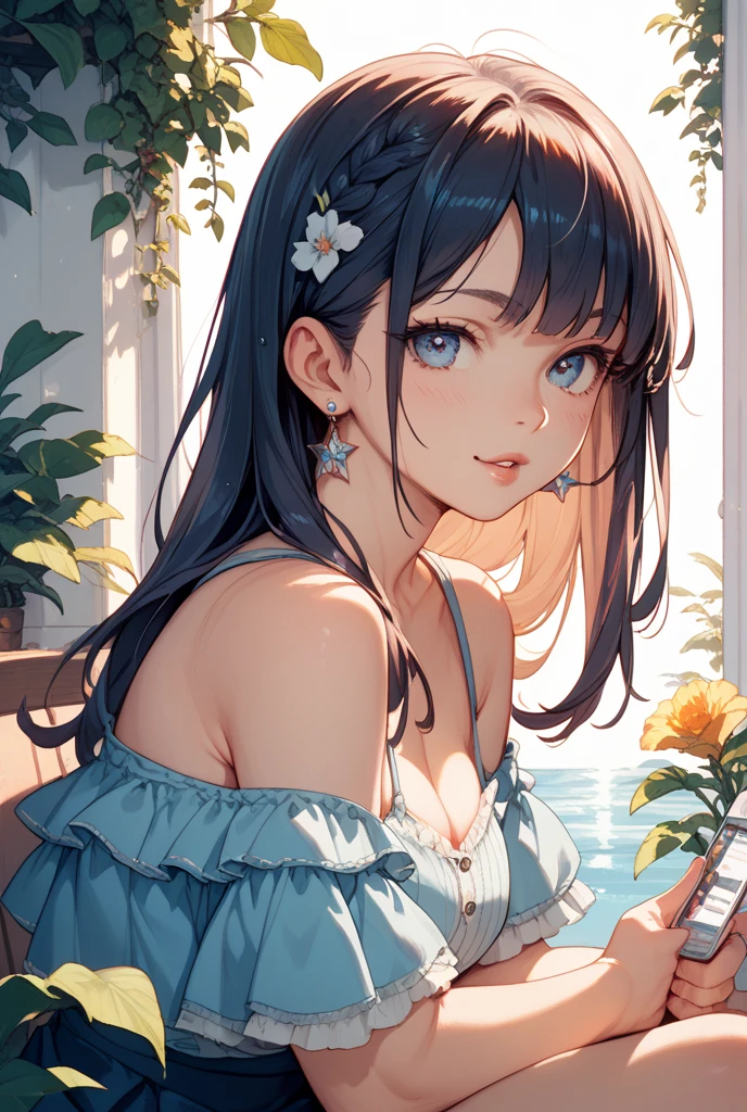 Anime Girls with long black hair and blue eyes sitting on a chair, artwork in the style of Gweitz, Gweitz, beautiful Anime Girls, seductive Anime Girls, Cute realistic portrait, cute Anime Girls, attractive Anime Girls, Gweitz on pixiv artstation, pretty Anime Girls, Anime Style 4k, Anime Girls, Realistic anime art style