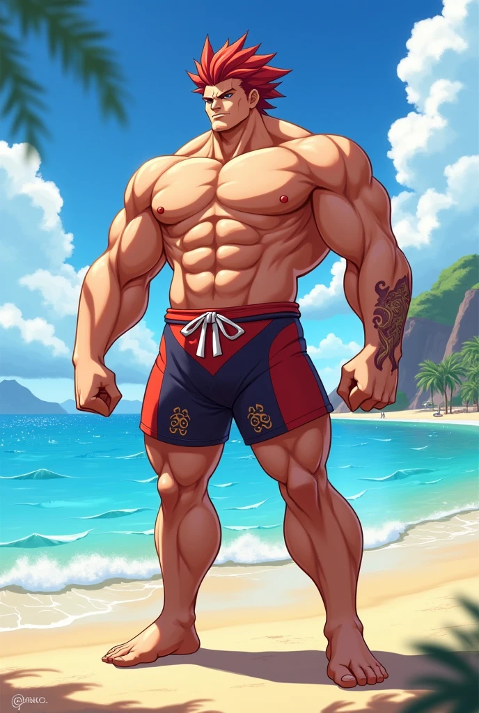 Katsuki Bakugo, 1boy, bikini, Tight muscles, Broad shoulders, Handsome, full body, body of a teenager, Tiny underwear, Sexy, sex, Guy, , Sea, tattoo on arm, sunglasses, boy, floral bikini, red eyes, tight leg muscles, big bulge, 8k, masterpiece, hd