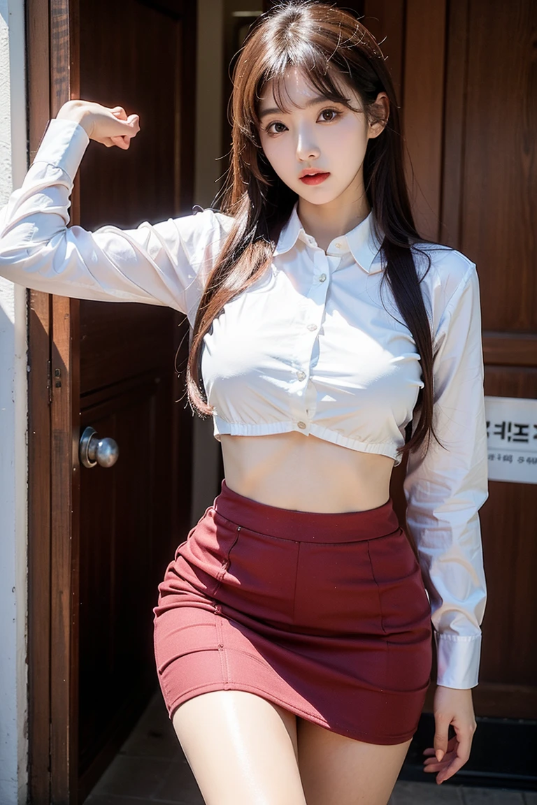front look. Real life big mom. ((different women faces)). (various styles and hairstyles, short, long, ponytail), (wearing a different color, red, yellow, green, blue, and upper clothes). wearing different pants, wear necklaces and bracelets. head straight facing the camera. (standing upright, body facing the camera, The hands are very detailed). (the fingers look perfect). A beautiful young woman in her 25s with large breasts, slightly visible cleavage, sharp nose, narrow eyes, full of make-up. Different color, ((wear different uniform and color)), (Interior wall background）(no background). Girs uniform.a man's favorite woman.