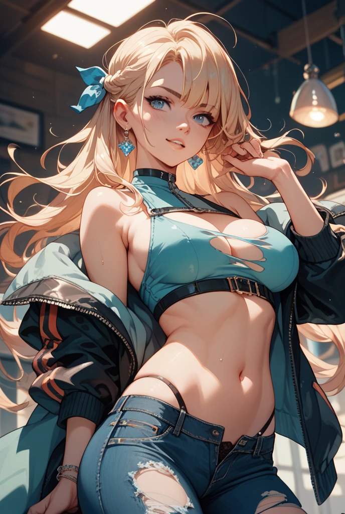 (((1 cat-girl))), solo, (blue eyes), (blonde long hair), ((panties)), ((crop top)), (huge breasts),