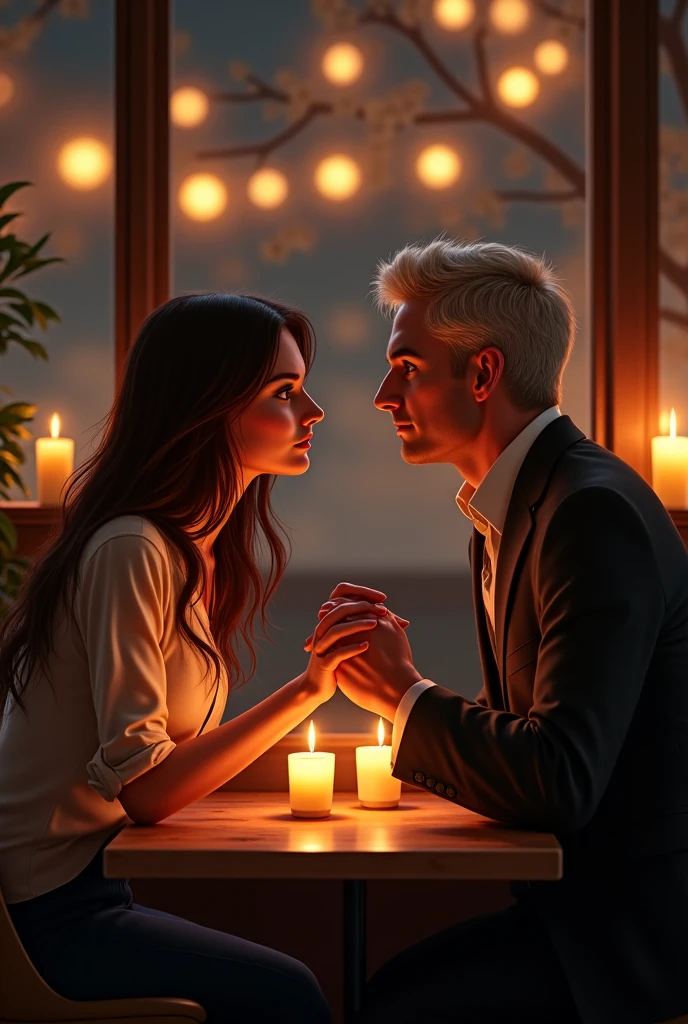 A woman with very short white hair, light brown skin and violet eyes, having dinner with a man who is wearing a black dress shirt and undefined arms, no beard and is jm beanco man and holding jm baby 