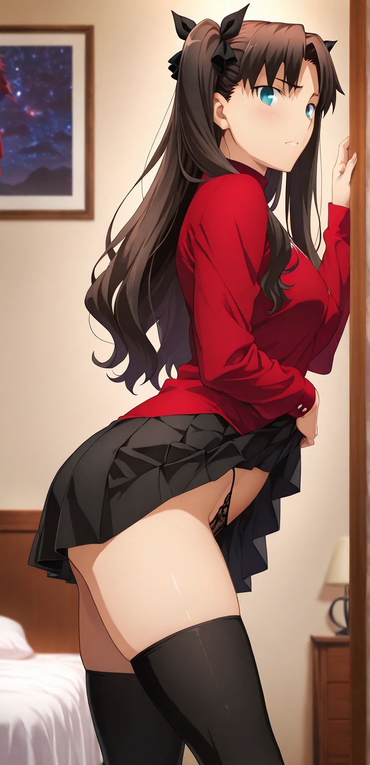 masterpiece, ultra high-quality, extremely detailed, 8k, high resolution, 1girl, kurenai yuhi, black hair, red eyes, thin body, huge breasts, bubble butt, firm butt, lace, bra, highleg panties, beautiful face, indoors