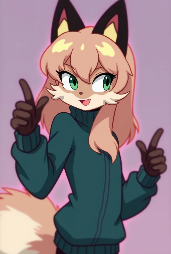<lora:Retro-V1:0.9>, retro style, 1980s (style), <lora:Averiv0.1:0.6>, averi, foxgirl, green sweater, black hands, (flat chest)
