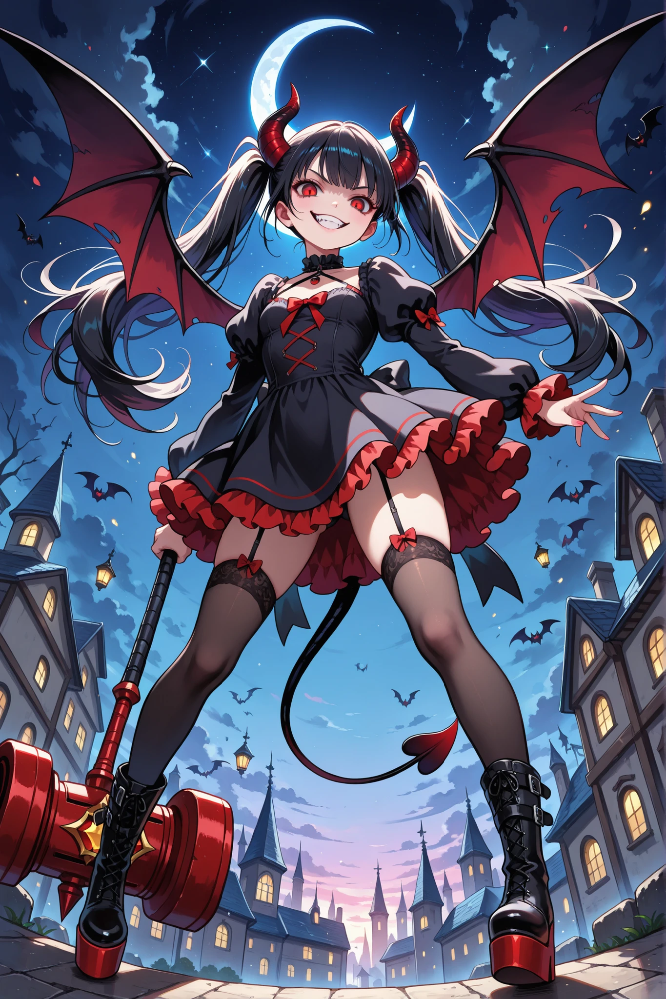 (masterpiece), best quality, (ultra-detailed),(full-body shot), front-view, beautiful fantastic, 8K wallpaper, evil smile, Devil Young_girl, black twin-tails, (Devil girl floating in the night sky), jumping, devil wings, devil horns, devil tail, frilly black dress, stockings, platform boots, soles, crescent moon, wide stance, legs apart, swinging a hammer, comical atmosphere, perfect hammer
