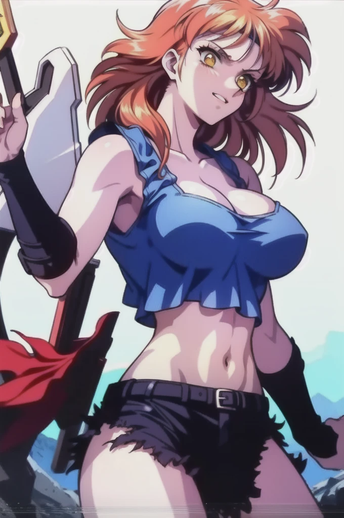 ????? medium breasts,  red hair, beautiful face, green eyes, smile, (masterpiece:1.2), best quality, absurdres, highres, extremely detailed wallpaper, perfect lighting, masterpiece,high quality,4k, bare shoulder,belly,crop top,outdoor,cleavage,jeans,casual dress,street,road,smile, open mouth, (nsfw) not safe for work, holding a gun,handgun, evil expression, exposed belly, exposed navel, exposed midriff, exposed lower belly, crop top overhang, underboob, unbuttoned jeans , low rise black jeans, Low rise jeans, Low rise jeans with open fly, 