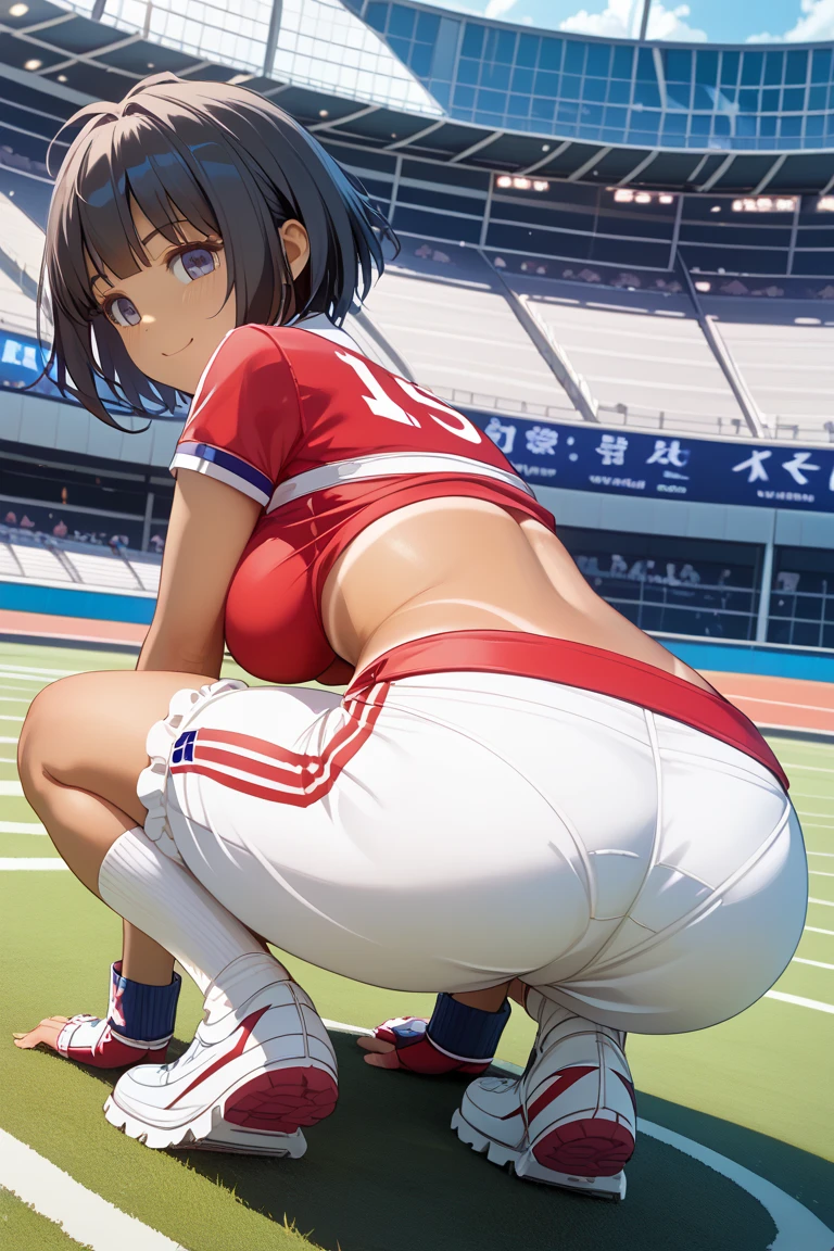 a photo of a hot girl wearing a soccer jersey, on a field, nipples, no bra, smile, crowded stadium, flashing lights, highly detailed, intricate details, high quality, best quality, no pants, nsfw