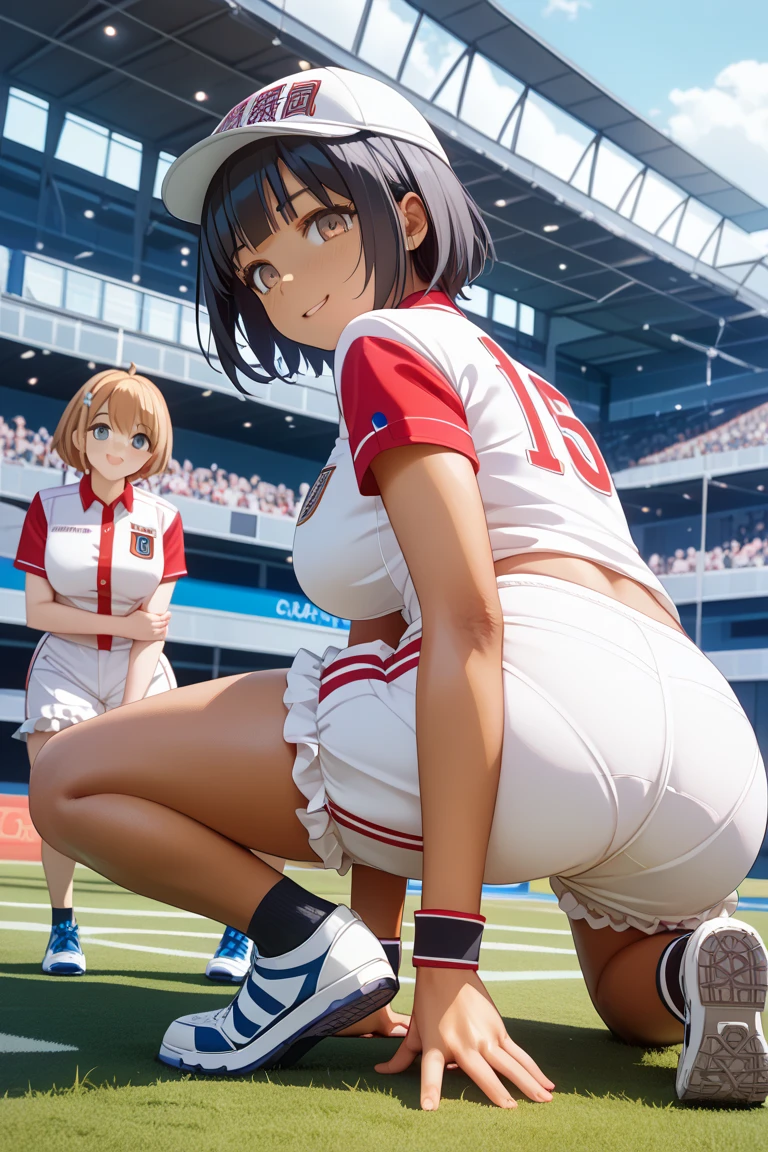 table top,highest quality, 8k, 12歳の裸のgirl,中学生のgirl,Faces of junior high school students, ((( body shape))),small breasts、((Big eyes))、小さなgirl,幼いgirl,(((smile))),he wears a red headband on his head.,セミnude,school blue sports shorts,(((schoolyard))),athletics stadium,outdoor,(((view audience))),RAW photo, (((nude))), award-winning portraits,(((Nipples exposed through exposed school gym clothes))), smile, daytime, idol face, girl2people抱き合って,裸で抱きあうgirl2people,,繊細なgirl, M-shaped spread legs Regaine crotch))),(((Details))),look at her crotch,(((Show female genitalia to viewers))),Digital single-lens reflex camera, looking at the viewer, Frank, Sophisticated, thin arms, soft ray、professional lighting, chromatic aberration, (Eye and face details:1.0), ((realistic))、girl2名, ((girls school uniform)), look at the audience, young face、非常に可愛いsmile, (( open your legs、please open your legs)),show your chest、(((When you take off your school gym clothes, My chest is exposed)))、short hair,(((short ponytail))),perfect anatomy,accurate limbs,precise fingers