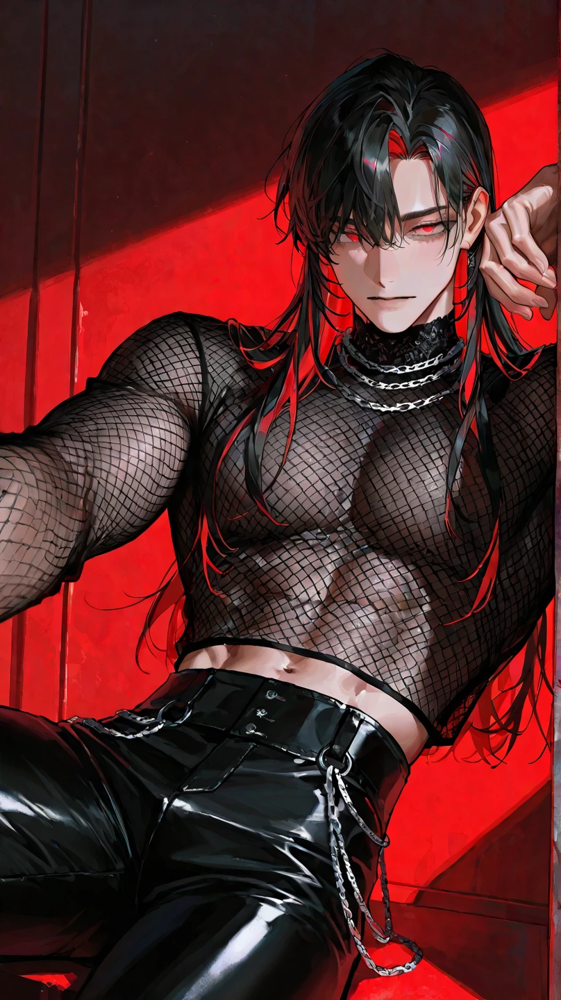 (absurdres, highres, ultra detailed), 1 male, adult, handsome, tall muscular guy, broad shoulders, finely detailed eyes and detailed face, black very long hair, gray eyes, handsome, fantasy, gothic, wolf ears, wolf tail, Sunlight, Fantastic light and shadow, Scenery, portrait, vampire fangs, open mouth, sexy, attractive, full body, tongle, no clothes, no shirt,, Dog Collar, bangs, cute face, sitting on the couch, black leather pants, no shirt