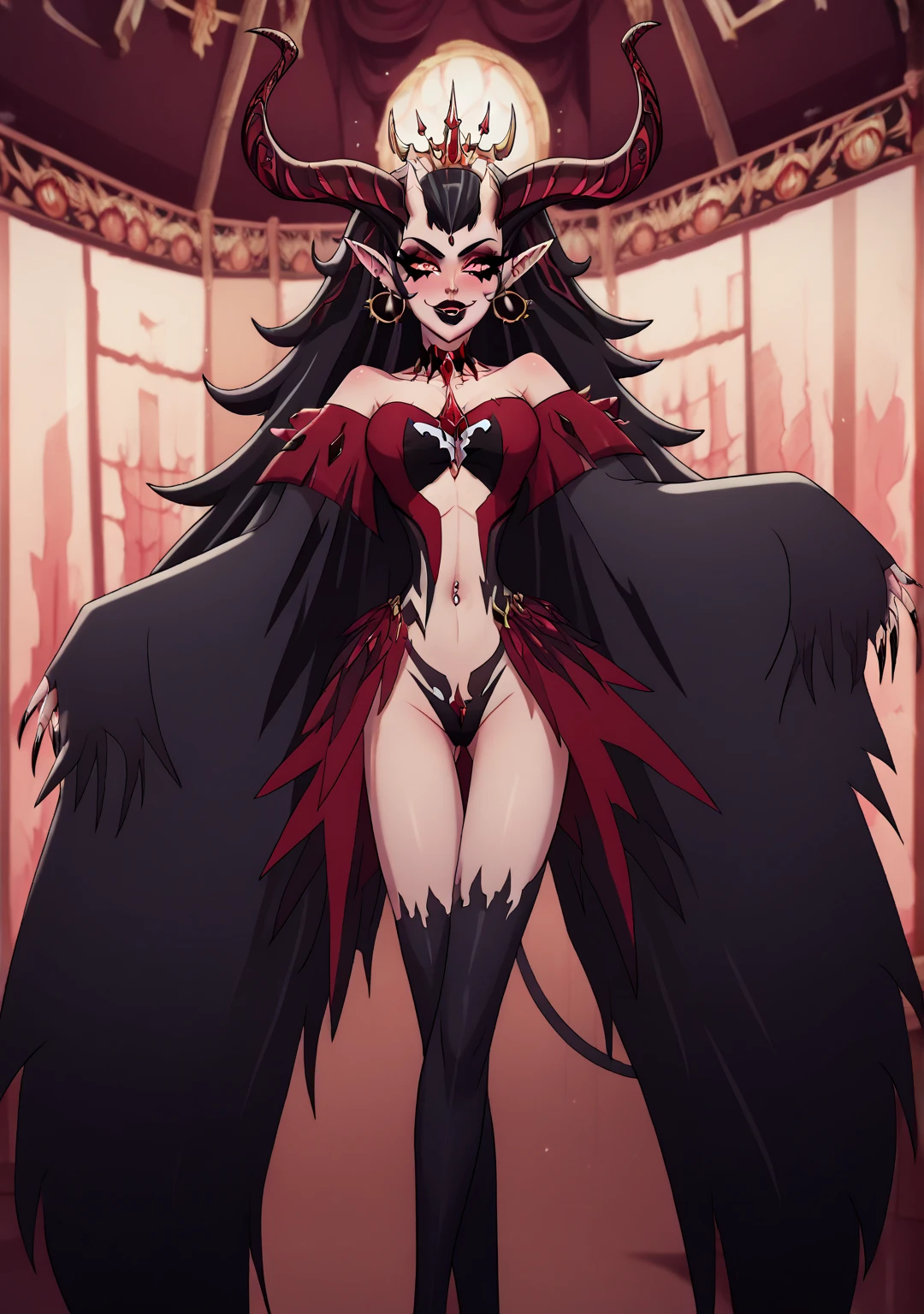girl,Vampire Succubus,noble,Long legs,Red Purple Claw,The thin horns on the forehead,Slender red high heels,Red snake eyes,Pointed ears,Plump breasts,Solitary,Black long hair,Waist-length hair,Black and red long dress(Dark),Vampire Fangs,Seductive and charming face,Dark Bloodthirst,catwalk,Slender bat wings on the back,Open your mouth,Elegant,Keep,Inside the Palace,Succubus pattern on forehead,Malicious laughter,Black purple slender succubus tail