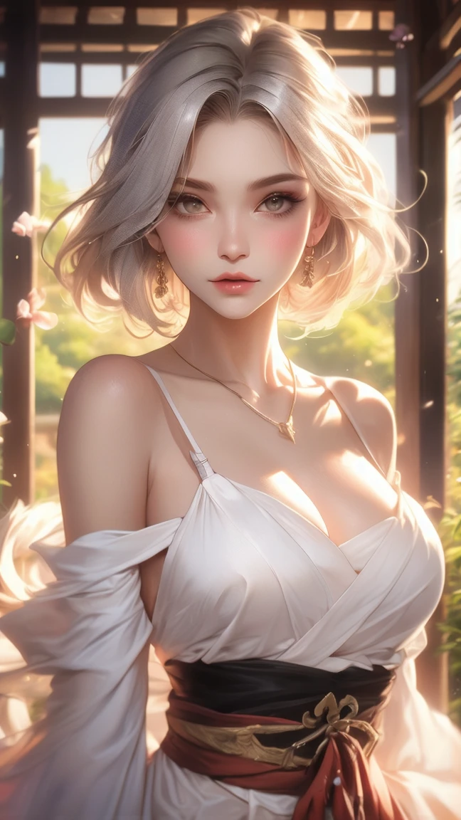 (best quality:1.5, high resolution, Ultra HD, 4K, Detailed lighting, Shaders), White curly flowers, Gradient hair, Large Breasts,Cleavage, Set, t-shirt, Social shirts, Short skirt, Mature woman , (View), White background, Colored eyeshadow, Dramatic Lighting, Bright Eyes, Emotional expression, Gold earrings, Flowing hair, Exquisite facial features, Dark Skin, High bone, city environment, black background, Don't look for the camera, Lean over, Behind the camera