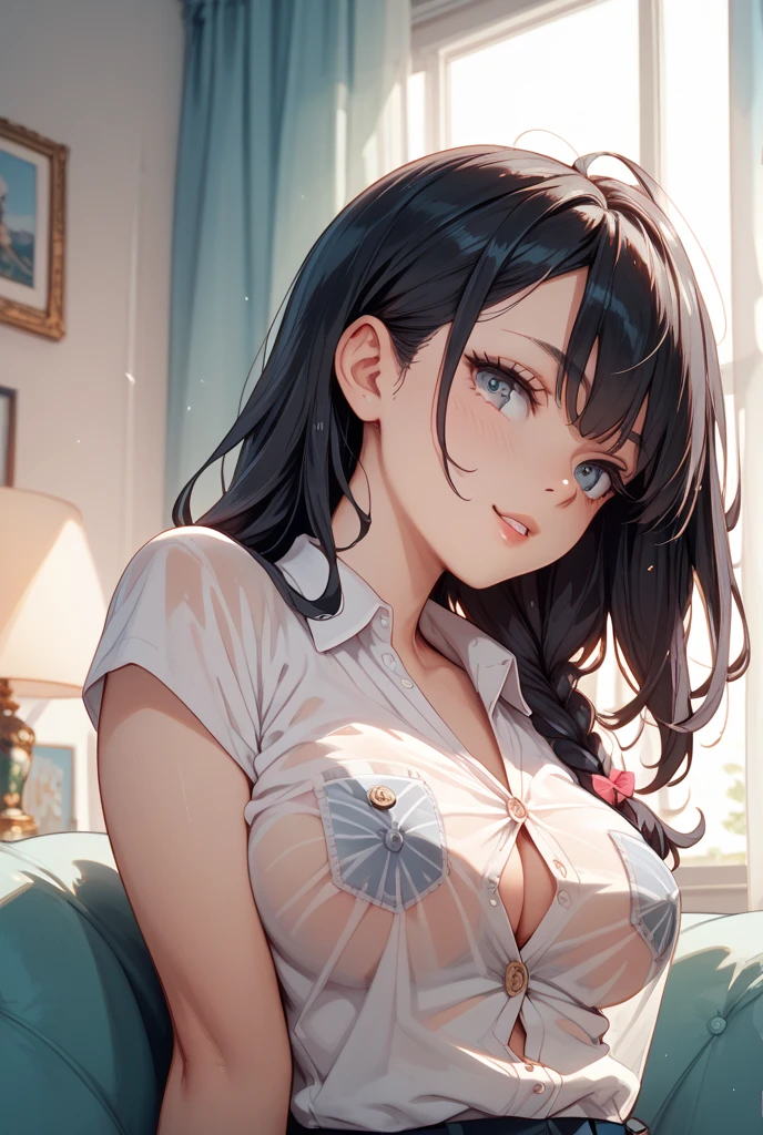 ((super high quality,Ultra-high resolution,16K,super masterpiece,Ultra HD ,Detailed shading,))One mother,popped Tight collar White shirts,Naked shirt,Cleavage,Folded sleeves,Denim shorts,Provocative smile,blush,Western-style room with morning sunshine,Sit on the sofa,Put your hands between your legs,