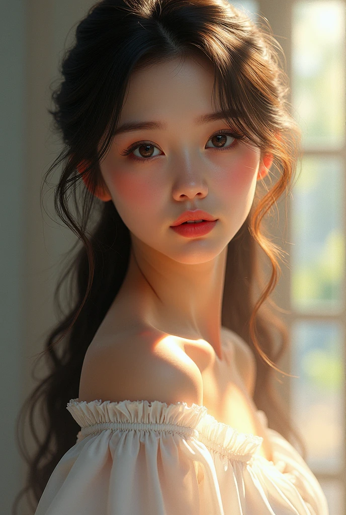 raw photo, 1young girl, kawaii, brown eyes, unique, individual, distinctive face, extremely detailed eye and face, fair skin, lace cute bra, beautiful breasts, upper body, (Best Quality, highly detailed:1.2) High-definition raw color photos, professional photograpy, Realistic portrait, sunset shining through the window, breathtaking beauty, 