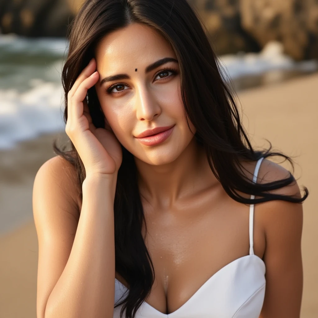 full portrait of A confident-looking indian woman with long flowing hair, hazel eyes, with flowing cape and white silk saree, wearing designer jewellery, tight breast, sitting on boat, ocean background, bokeh, perfect composition, hyperrealistic, super detailed, 8k, high quality, trending art, trending on artstation, sharp focus, outdoor photo shoot, intricate details, highly detailed, art by greg rutkowski