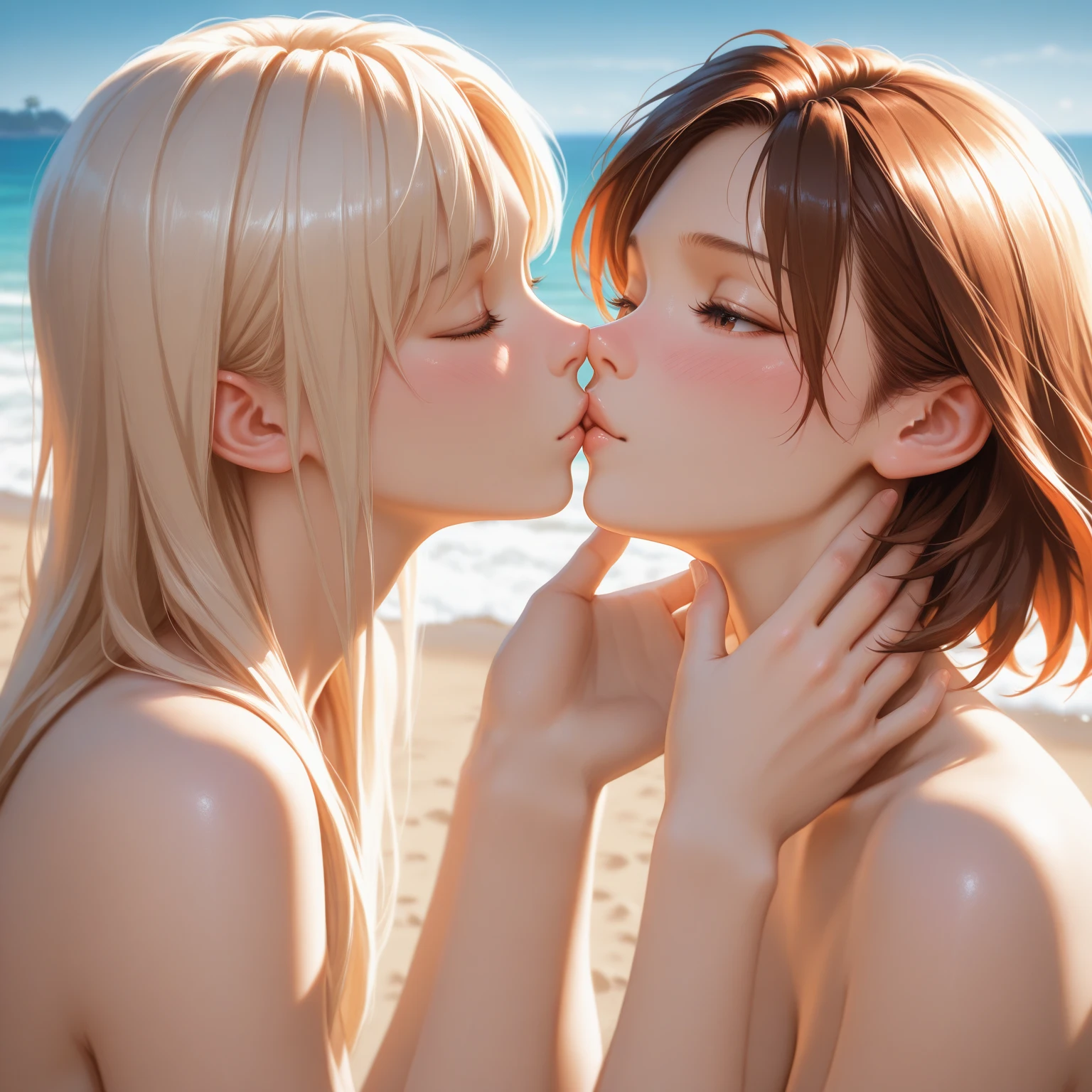 Female couple kissing on a deserted beach with a bare-backed woman and a naked woman wearing a bath towel, (SFW) Work, kissing together cutely, Girl Love Art, OPPEIN, Side milk, Slightly saggy big breasts, small breasts, (((Extra long yellow curly hair))), (((Brown shoulder-length straight hair))), (girl love kiss), The mouth is very detailed, (girl love hug), touch her clothes, (touch her breasts), SFW version