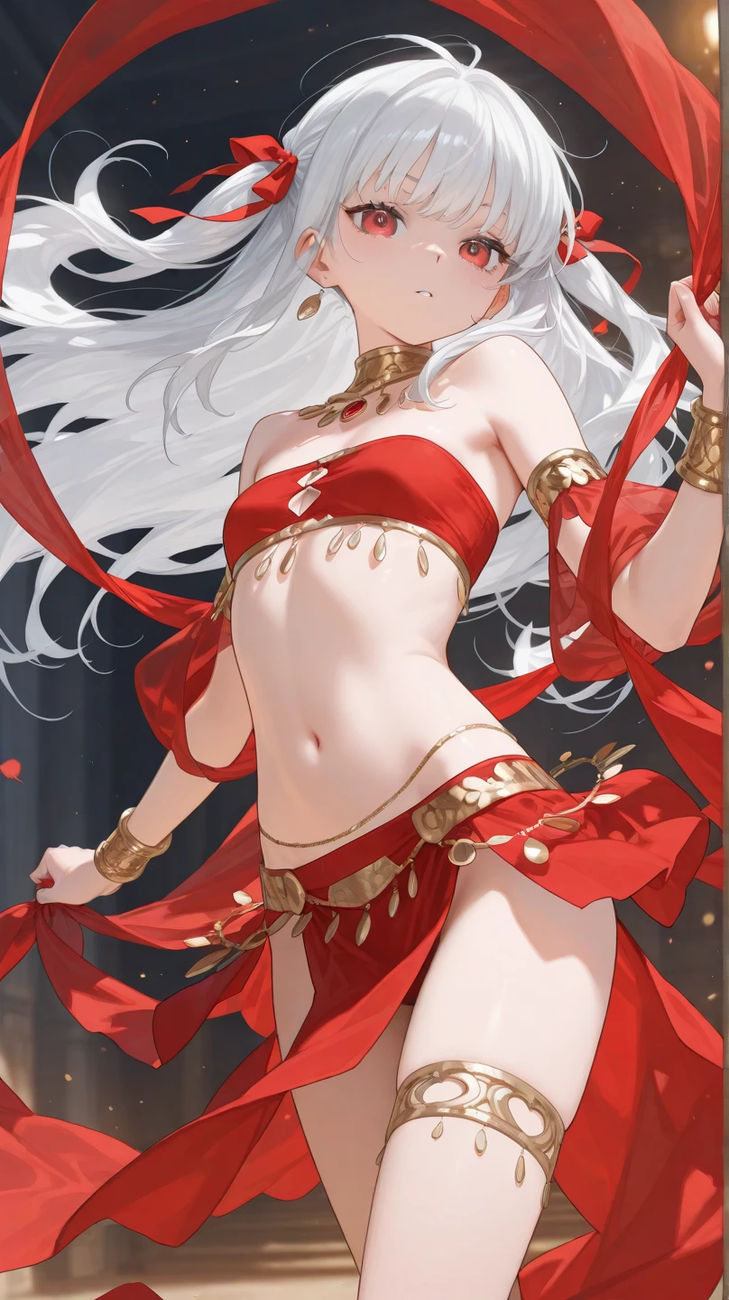 (Best Quality:1.3),4K,8K,8K Portrait,16K,(masterpiece:1.2),1girl in,Solo,(maximalism:1.5),pearls,ultra-detailliert,absurderes, ,(extremely detailed beautiful face and eyes:1.3),
(extremely detailed beautiful hair:1.3),delicate composition,cowboy shot,(dynamic pose:1.2),
Super cute girl,(Medium Hair:1.8),(Braids:1.2),(White eyes:1.5),(White hair:1.5),(is wearing gorgeous red and golden berry dance silky wear,Veil:1.6), fine jewelery decoration, (medium breasts),detailed skin, naked stomach, navel,gorgeous red and golden berry dance (silky long skirt), fine embroidery,tiara,(Jewelry Hair Ornaments:1.3),
(jewelry eyes:1.3),(Eyelashes:1.2),(symbol in eyes:1.3),(hight resolution, Twinkle,Glitter,Lens Flare,light Particle,Shining:1.3),(Lori:1.5),(cute:1.5),looking at viewer, BREAK (exotic ambiance, swirling veils, vibrant costumes, graceful movements, mesmerizing music, dimmed lights, alluring atmosphere, rhythmic beats, enraptured audience, captivating performance)