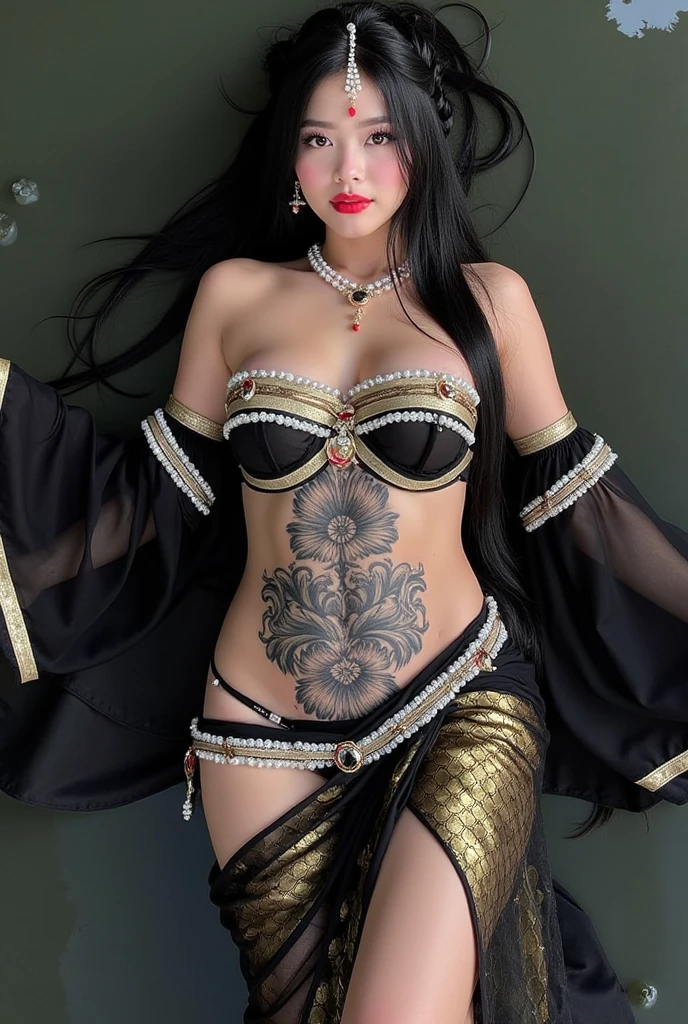 (beautifull tattooed lady with large breast), spread legs on luxury chair, wear (detailed black luxurious hijab), (detail sexy kebaya) ,(strapless bra), (show cleaveage), (show thigh), (detailed underboobs ornament), (detail hips ornament), expensive detailed necklace, golden luxury flower vase, luxury wall ornament, luxury window with golden frame, luxury dinning hall, detail luxury floor, detail luxury golden table, detail luxury stair, detail luxury golden lamp, beautifull face, pretty face, beautifull eyes, beautifull nose, sexy lips, polished nails, raytracing, beautifull fingers, beautifull hands, sexy belly, sexy body, sexy shoulders, sexy legs, sexy hips, (luxury arm ornament), (luxury bracelet), (luxury ring), (luxury necklace), (4 fingers in 1 hand), full body picture, pretty makeup, perfect anatomy, ((full of tattoo)), ((boobs stacked)), ((belly tattoo)), good lighting, professional photoshoot, full body shoot