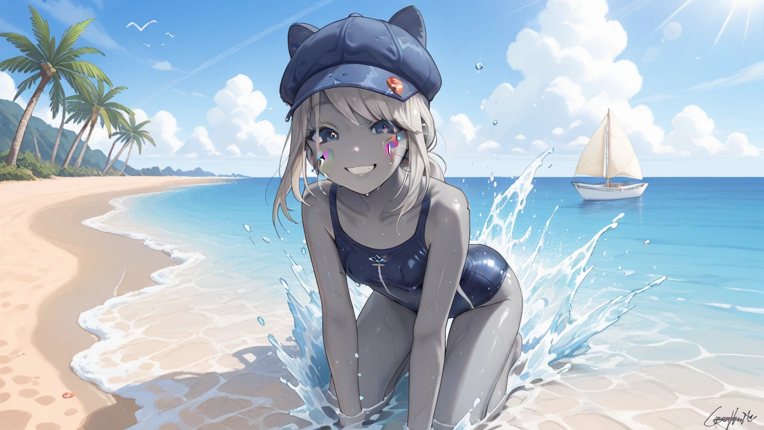 with short white hair,Royal Sister,Heteropupil,orthofacial,Be red in the face,Ha gas,The clothes were wet with water,There is a pronounced pure white cloudy liquid on the face and mouth,Animal ears look cool,White liquid spreads all over the face,By bangs,Black half-leg stockings,swimming uniform,Model wind,solid color backdrop --auto