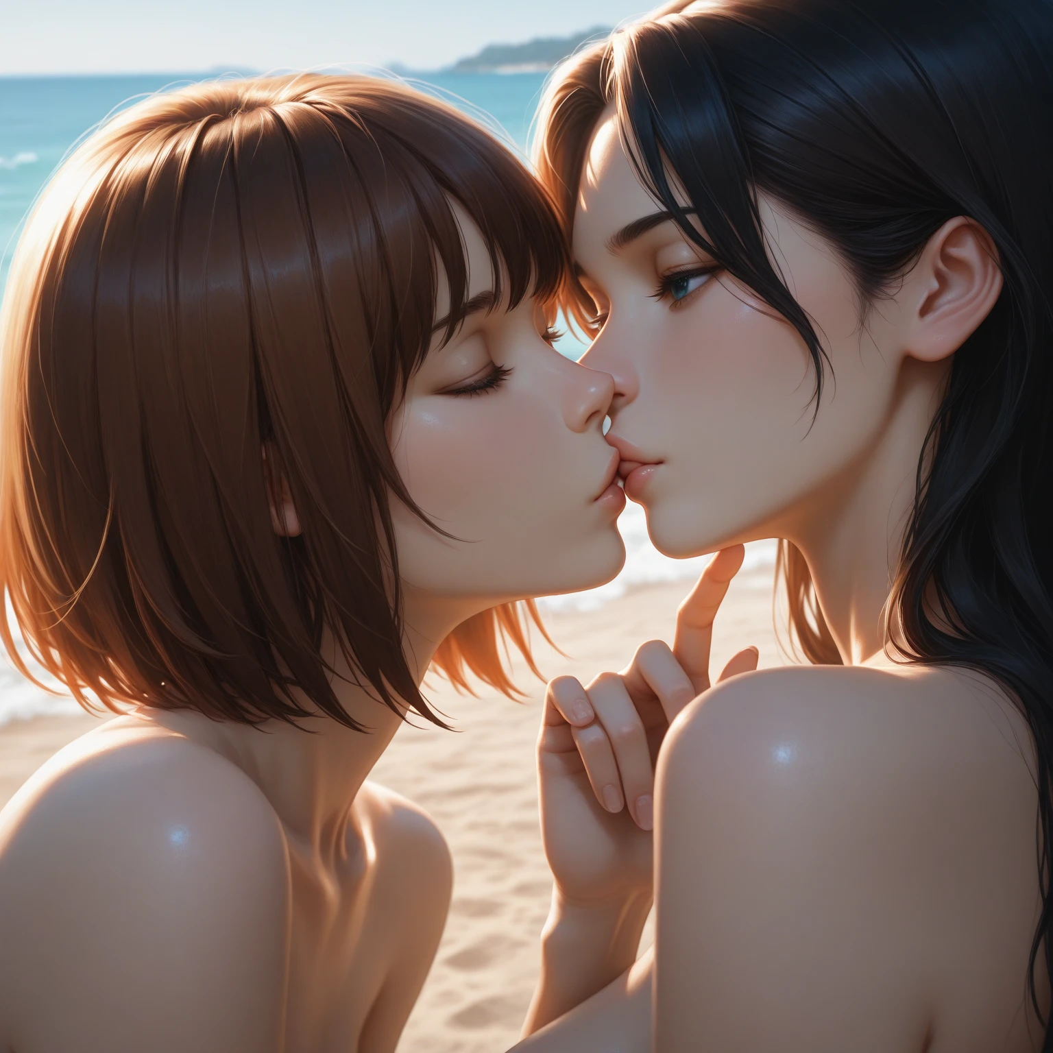   On the beach at sunset , ((various lesbian sex)) , various angles , various top and bottom angles , nude , boob , Female Genitalia ,(( lesbian sex with another woman)) ,  69 Sex , full color