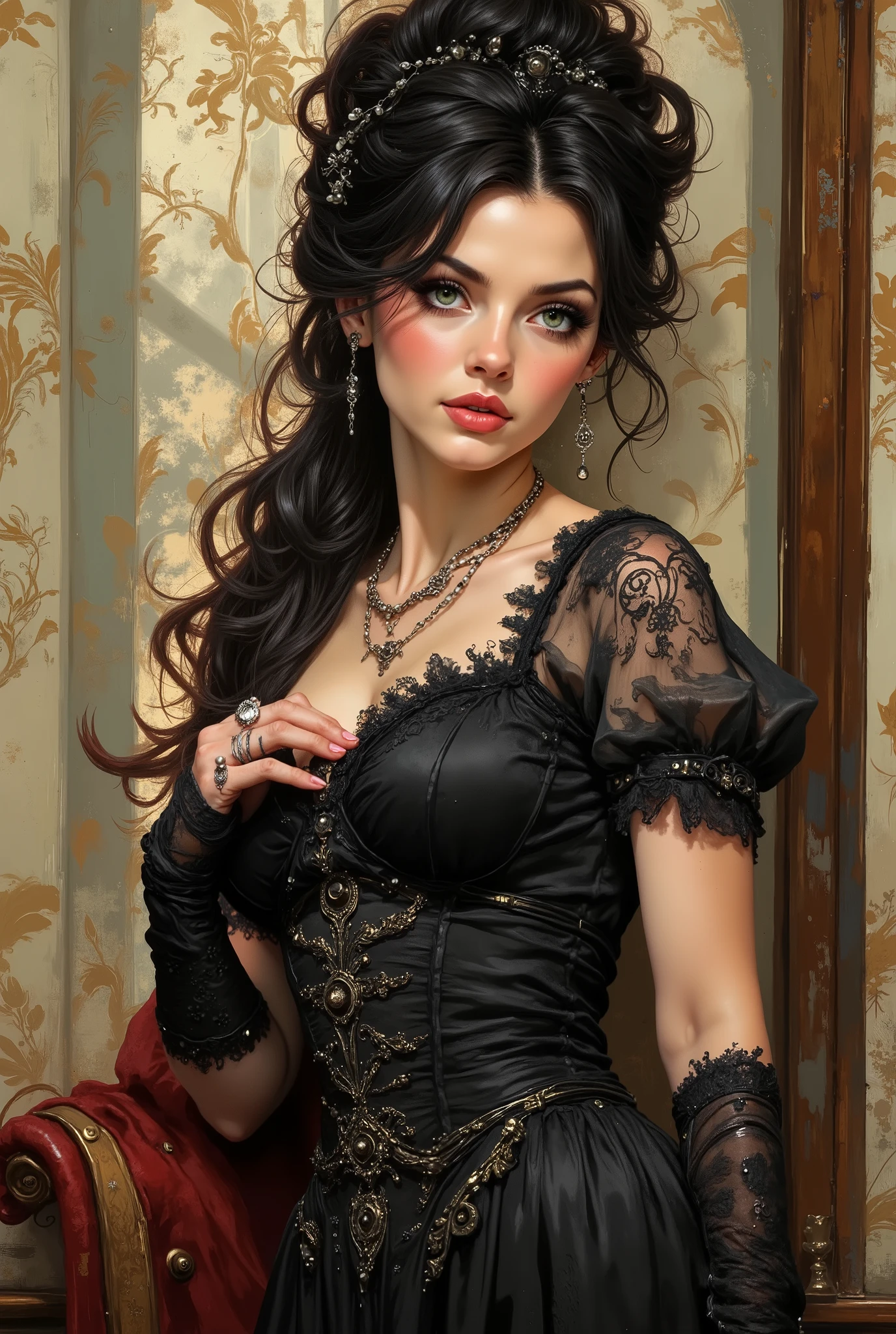Tonal anime, in the style of Midjourney, magnificent, Lighting, Oil painting, portrait in the style of romantic Gothic. A lady in her 30s, dressed in a Victorian dress, with green eyes and black hair styled in a wedding hairstyle, beautiful, curvaceous, realistic artificial intelligence in Gothic style.