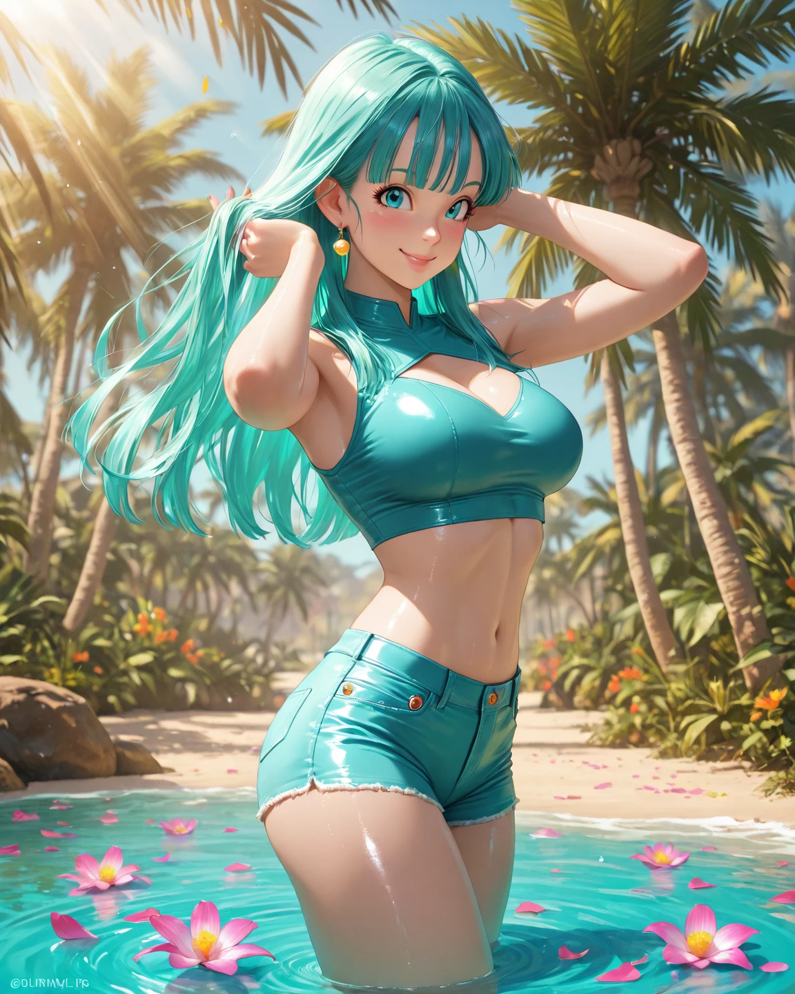 best quality, (masterpiece),(ultra-detailed), (high quality), (high resolution), <lora:bulchi:0.7>, two-tone hair, aqua hair, blue eyes, black hair, ponytail, crop top, navel,1girl, bangs, black thighhighs, bulchi, choker, cleavage, gradient, large breasts, looking at viewer, midriff, mouth hold, retro artstyle, simple background, sitting, solo, thighhighs,vest,