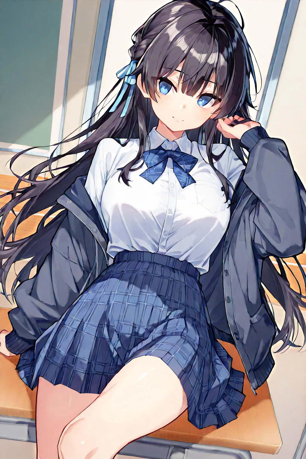masterpiece, best quality, ultra detailed, 1girl, dark skin, twin tails, pleated skirt, thighhighs, cardigan, show striped panties, skirt fluttering in the wind, put hands hip, open legs, 