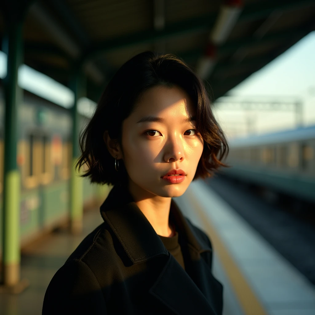 japanese mature woman、 analog film photo, (Create a realistic and photorealistic photo image)、40 years old、whole body、Stand in the shade、The light only hits your face、blur, tint, depth