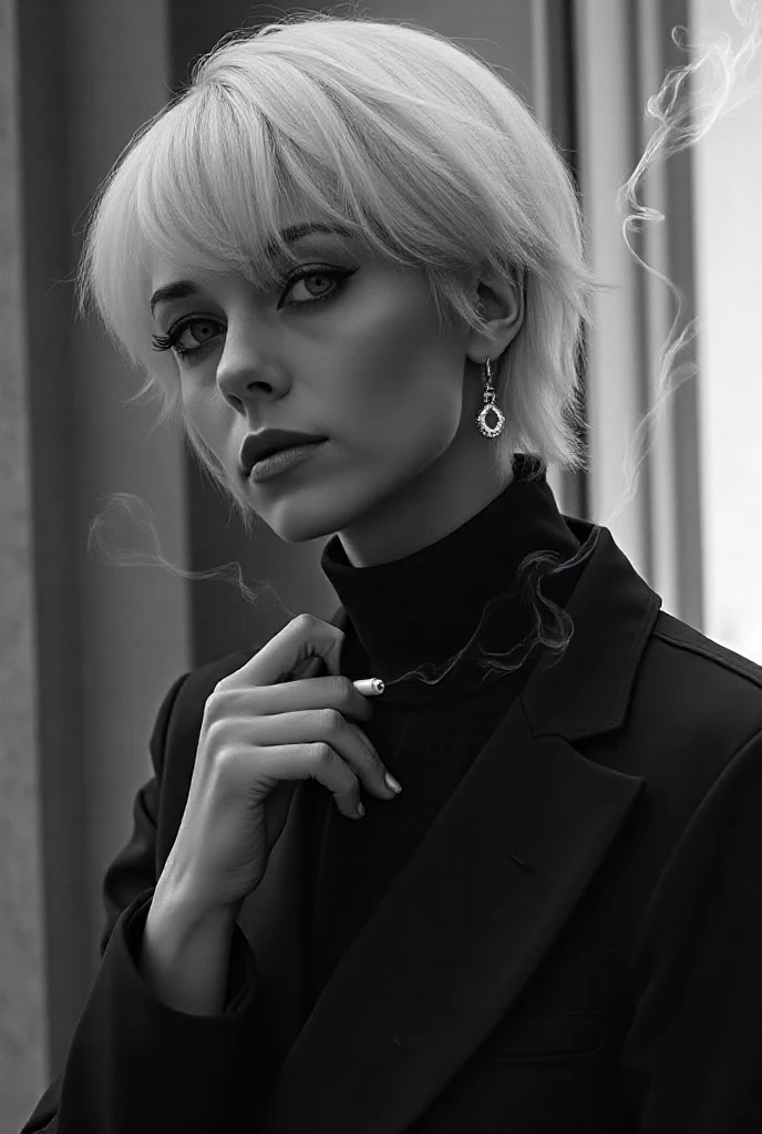(shirtlift) (to8contrast style:1.1), masterpiece, (photorealistic:1.15), best quality, 1girl, clothing cutout, (smoking a cigare:1.2), (thin wispy smoke:1.1), dark background, two tone lighting, (dimly lit room:1.2), strong rimlight, silhouette, chiaroscuro portrait, hair between eyes, hairband, highres, juliet sleeves, long sleeves, red lips, shaded face, short hair, turtleneck, long skirt, white hair, RAW photo, 8k uhd, film grain